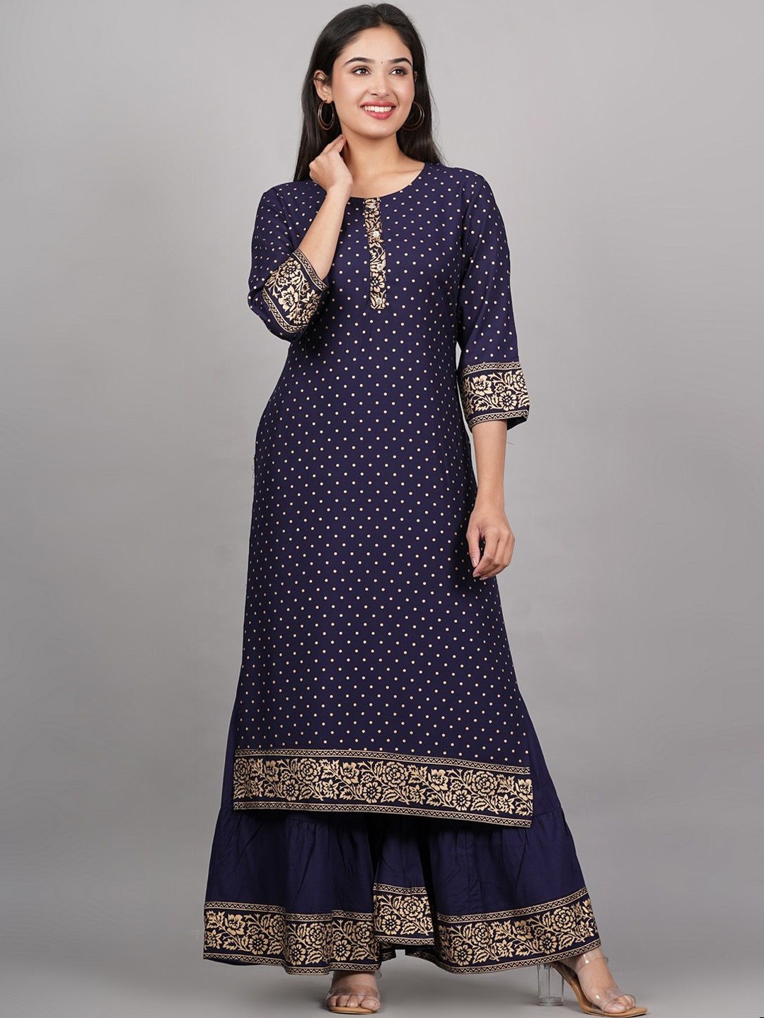 ANNAYEMA APPARELS Ethnic Motifs Printed Round Neck Straight Kurta with Sharara, Blue
ANNAYEMA APPARELS Ethnic Motifs Printed Round Neck Straight Kurta with Sharara, Blue