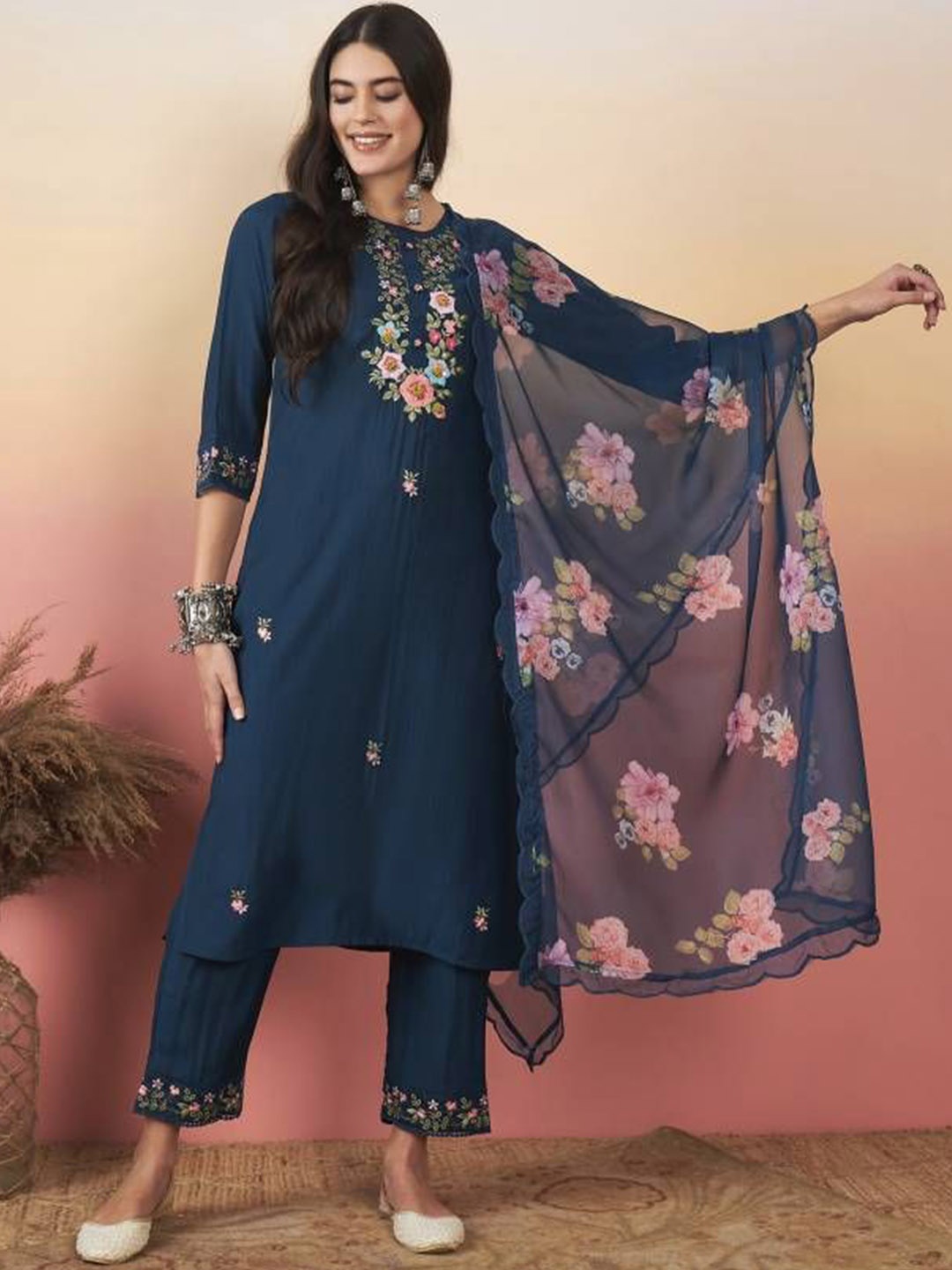 KALINI Floral Embroidered Round Neck Straight Kurta With Trousers & Dupatta, Blue
KALINI Floral Embroidered Round Neck Straight Kurta With Trousers & Dupatta, Blue