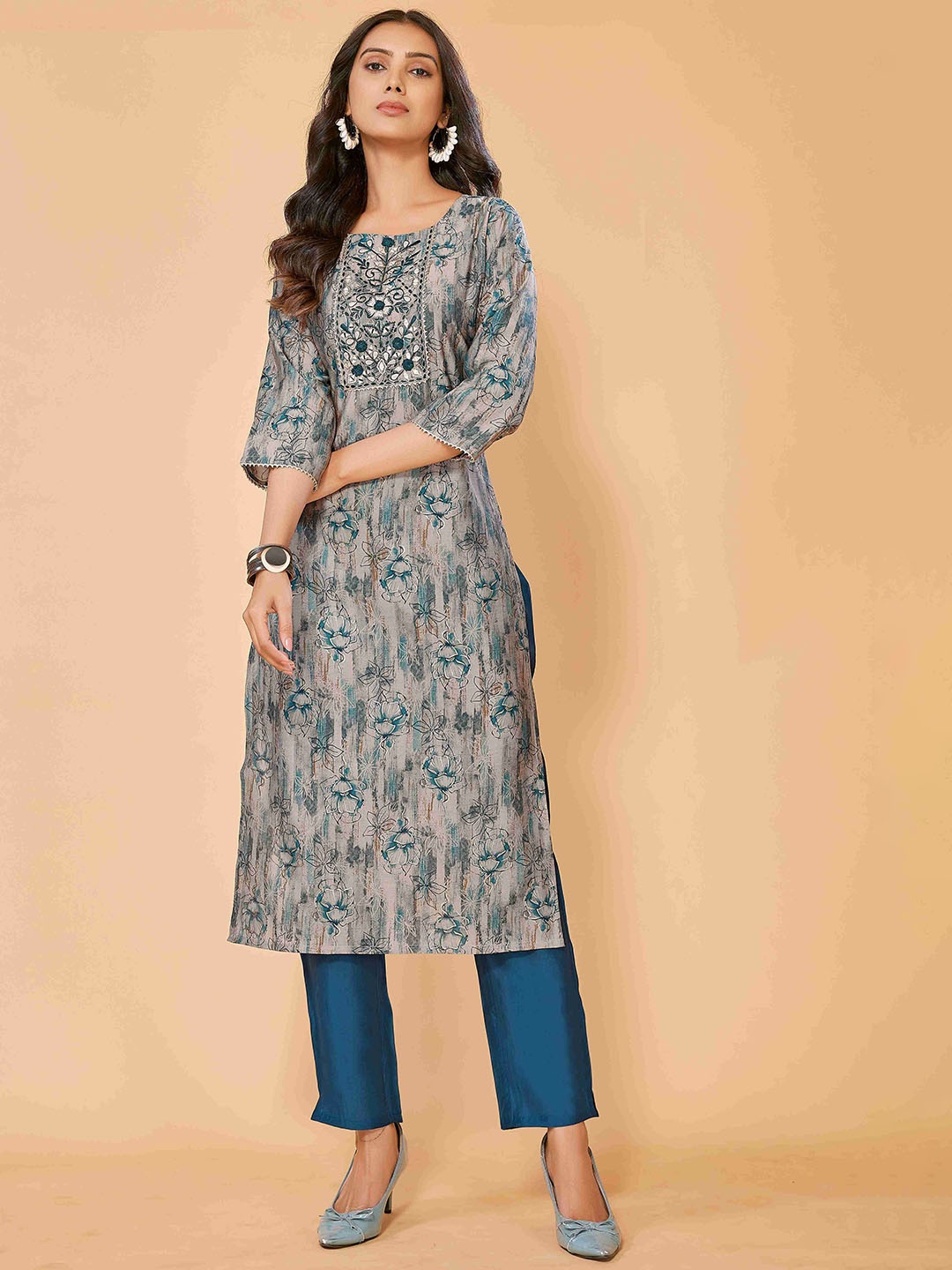 Krimmple Floral Printed Mirror Work Chanderi Cotton Straight Kurta With Trousers, Grey
Krimmple Floral Printed Mirror Work Chanderi Cotton Straight Kurta With Trousers, Grey