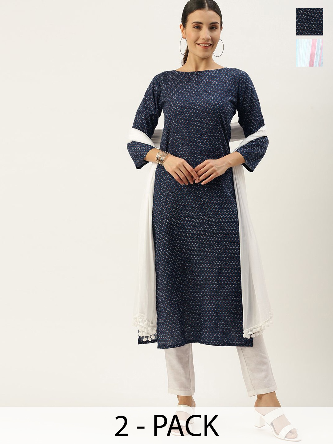 KALINI Selection Of 2 Floral Printed Boat Neck Straight Kurtas With Trousers, Navy blue
KALINI Selection Of 2 Floral Printed Boat Neck Straight Kurtas With Trousers, Navy blue