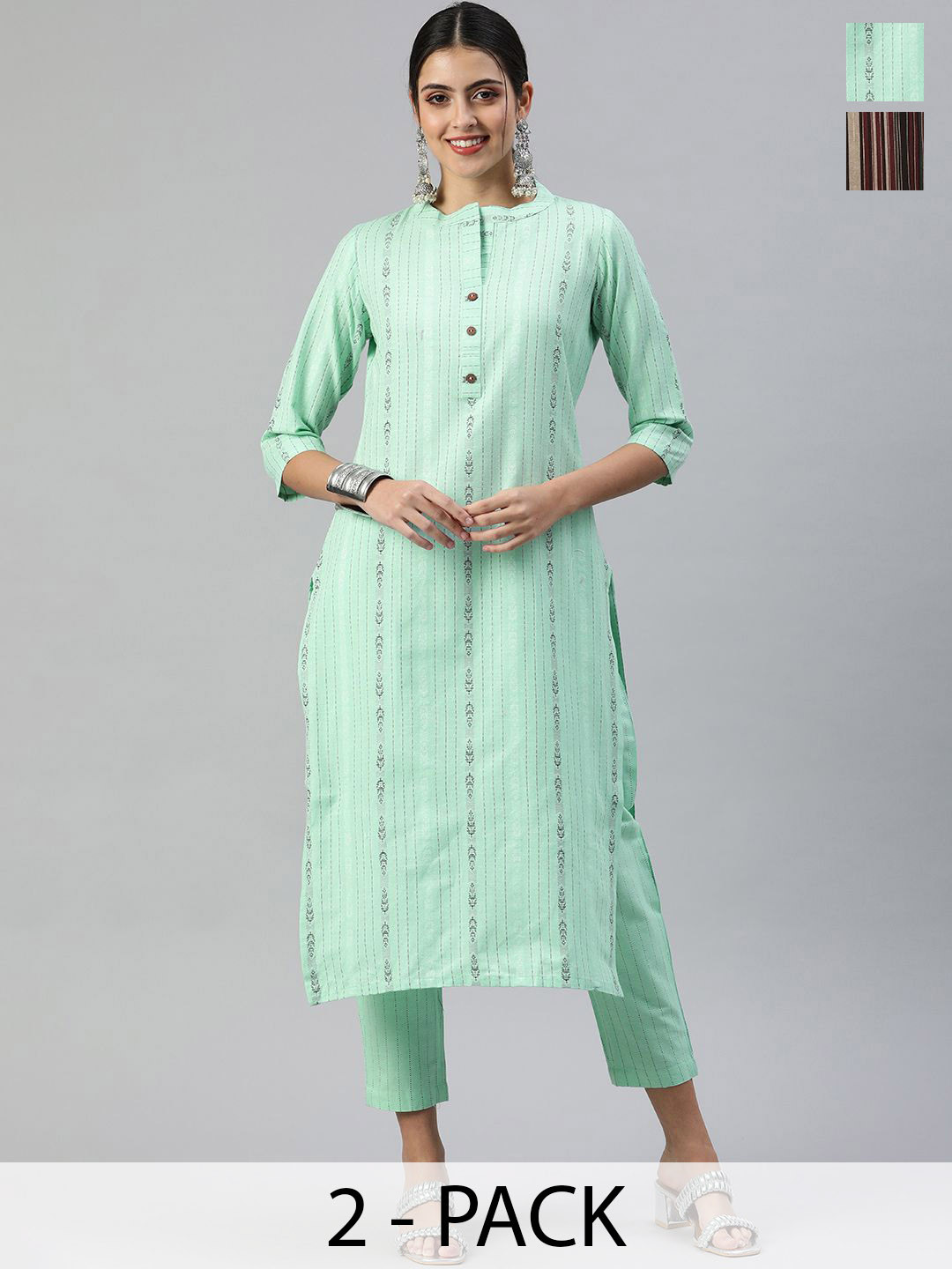 KALINI Selection Of 2 Striped Printed Notch Neck Straight Kurtas With Trousers, Green
KALINI Selection Of 2 Striped Printed Notch Neck Straight Kurtas With Trousers, Green