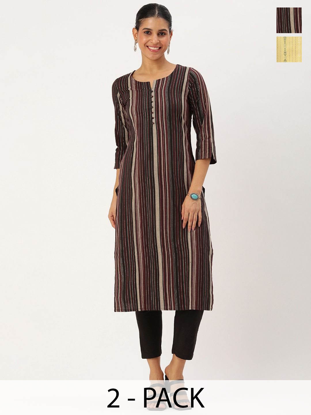 KALINI Selection Of 2 Striped Printed Notch Neck Straight Kurtas With Trousers, Yellow
KALINI Selection Of 2 Striped Printed Notch Neck Straight Kurtas With Trousers, Yellow