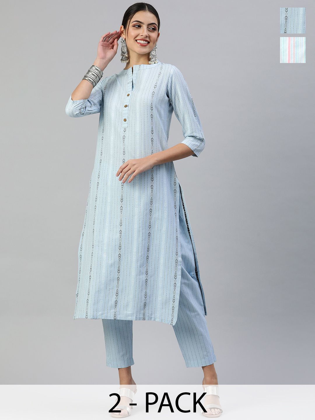 KALINI Selection Of 2 Striped Printed Notch Neck Straight Kurtas With Trousers, Blue
KALINI Selection Of 2 Striped Printed Notch Neck Straight Kurtas With Trousers, Blue