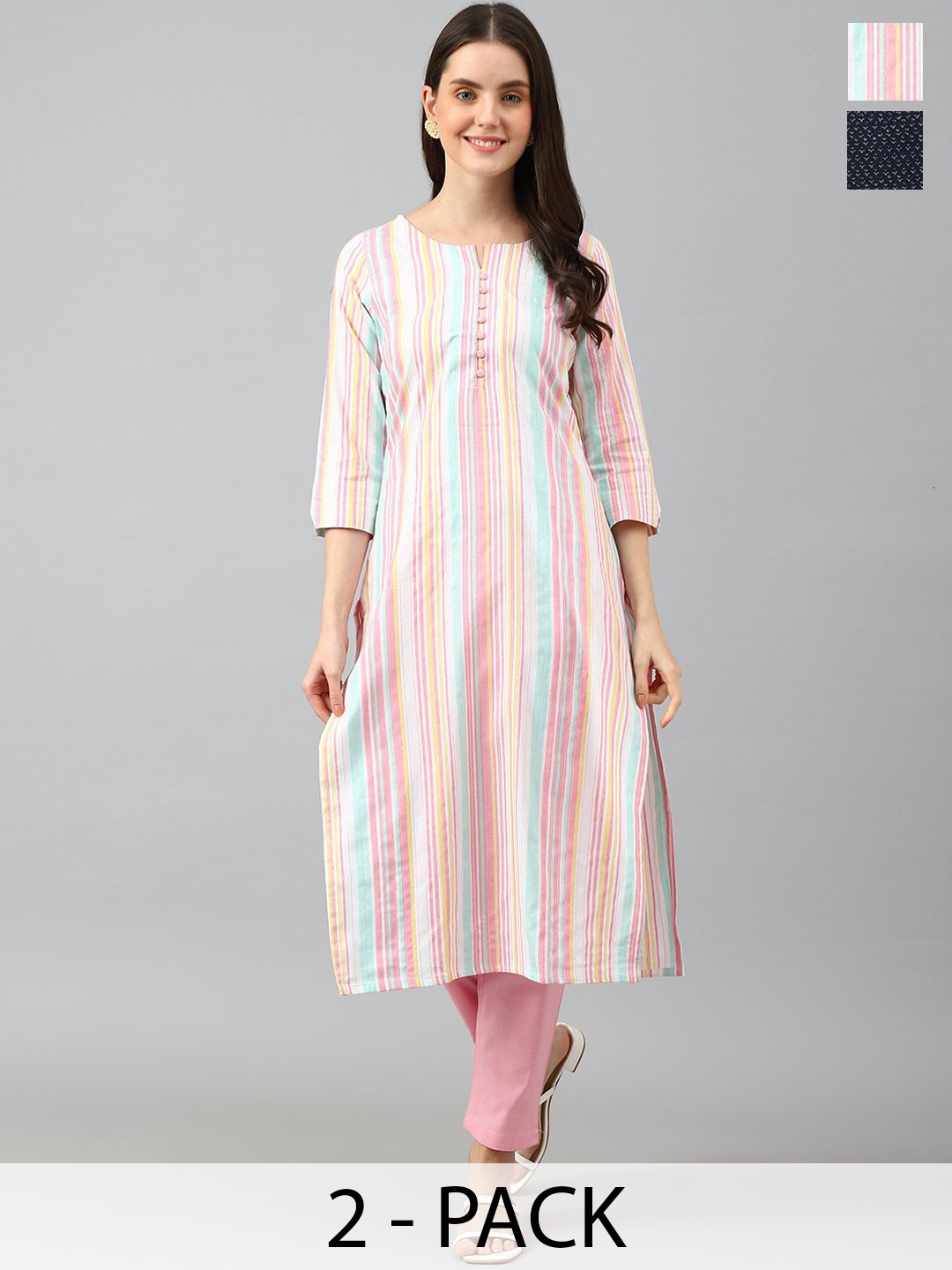 KALINI Selection Of 2 Striped Printed Notched Neck Straight Kurtas With Trousers, Peach
KALINI Selection Of 2 Striped Printed Notched Neck Straight Kurtas With Trousers, Peach