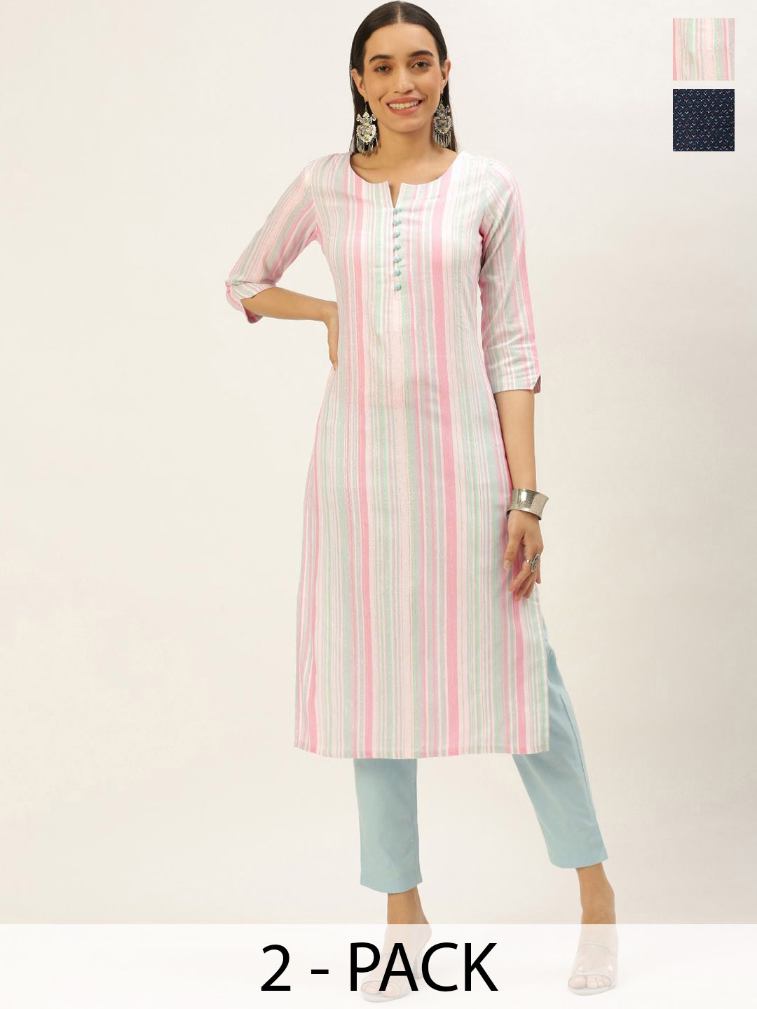 KALINI Selection Of 2 Striped Printed Notched Neck Straight Kurtas With Trousers, Peach
KALINI Selection Of 2 Striped Printed Notched Neck Straight Kurtas With Trousers, Peach
