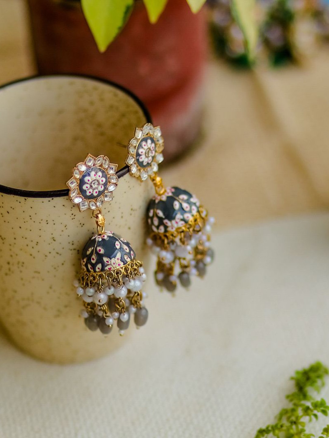PolluxCraft Gold-Plated Artificial Stones Studded And Beaded Dome Shaped Jhumkas, Navy blue
PolluxCraft Gold-Plated Artificial Stones Studded And Beaded Dome Shaped Jhumkas, Navy blue