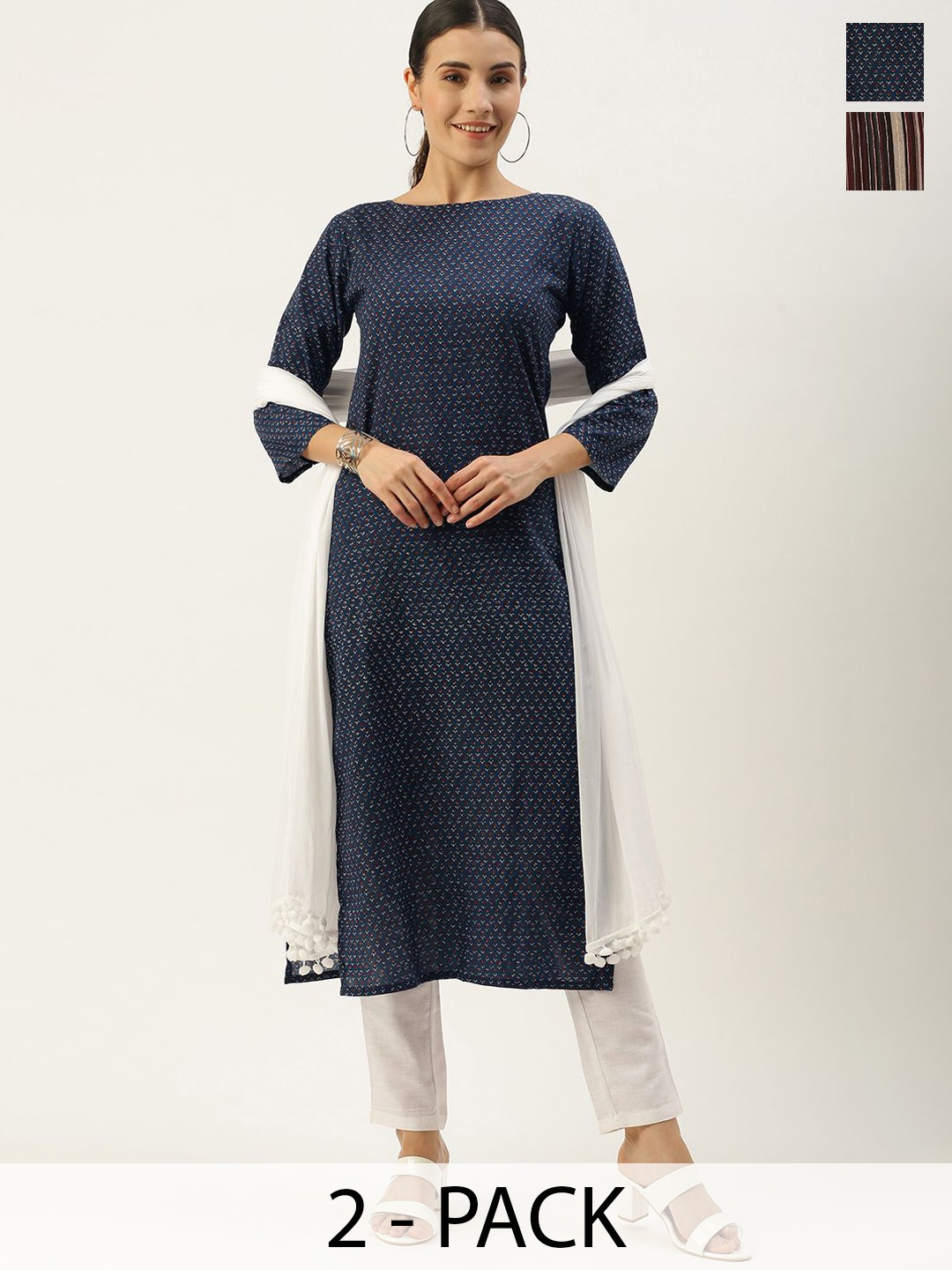 KALINI Selection Of 2 Floral Printed Boat Neck Straight Kurtas With Trousers, Navy blue
KALINI Selection Of 2 Floral Printed Boat Neck Straight Kurtas With Trousers, Navy blue