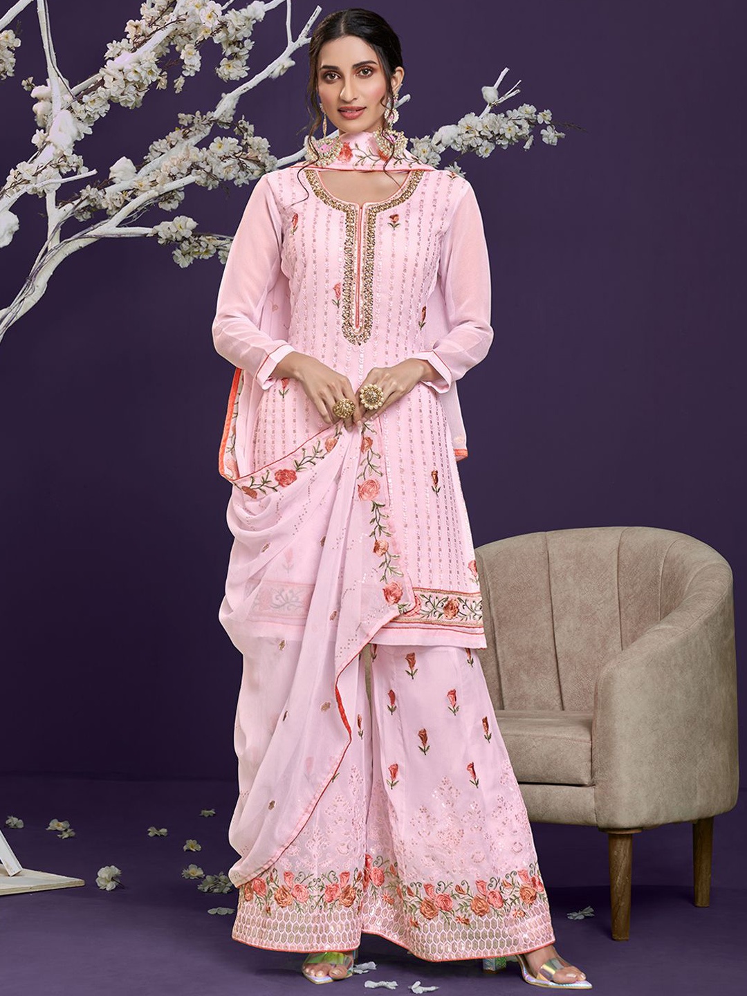 ALIZEH Floral Neckline Embroidered Punjabi Short Kurta With Sharara And Dupatta, Pink
ALIZEH Floral Neckline Embroidered Punjabi Short Kurta With Sharara And Dupatta, Pink