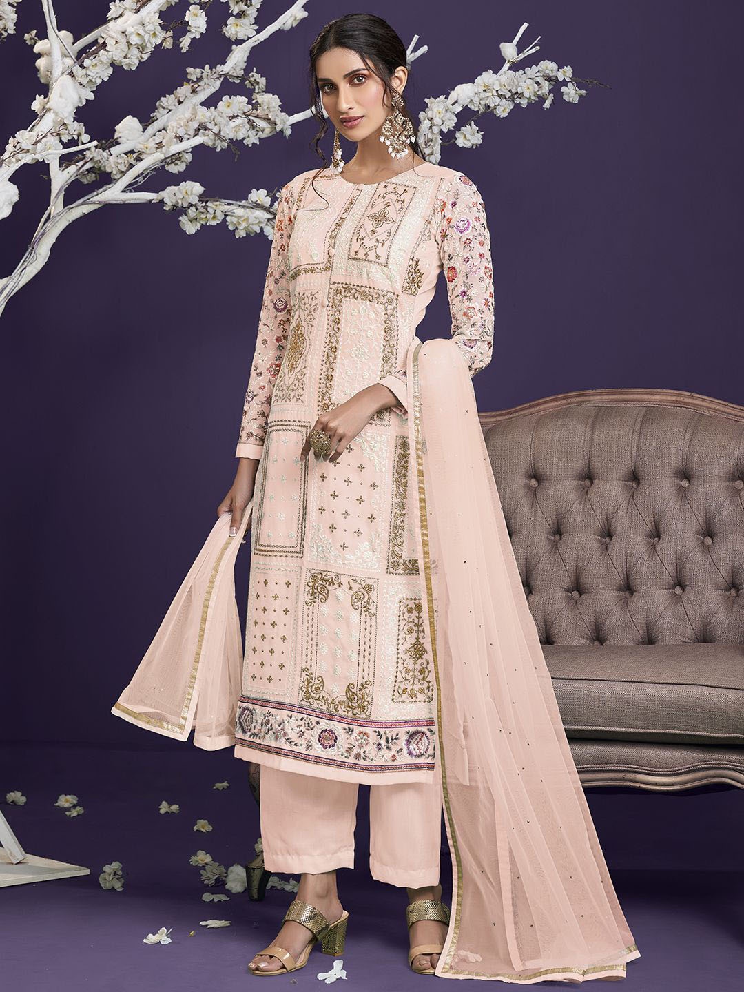 ALIZEH Floral Embroidered Heavy Sleeves Kurta With Trousers And Dupatta, Peach
ALIZEH Floral Embroidered Heavy Sleeves Kurta With Trousers And Dupatta, Peach