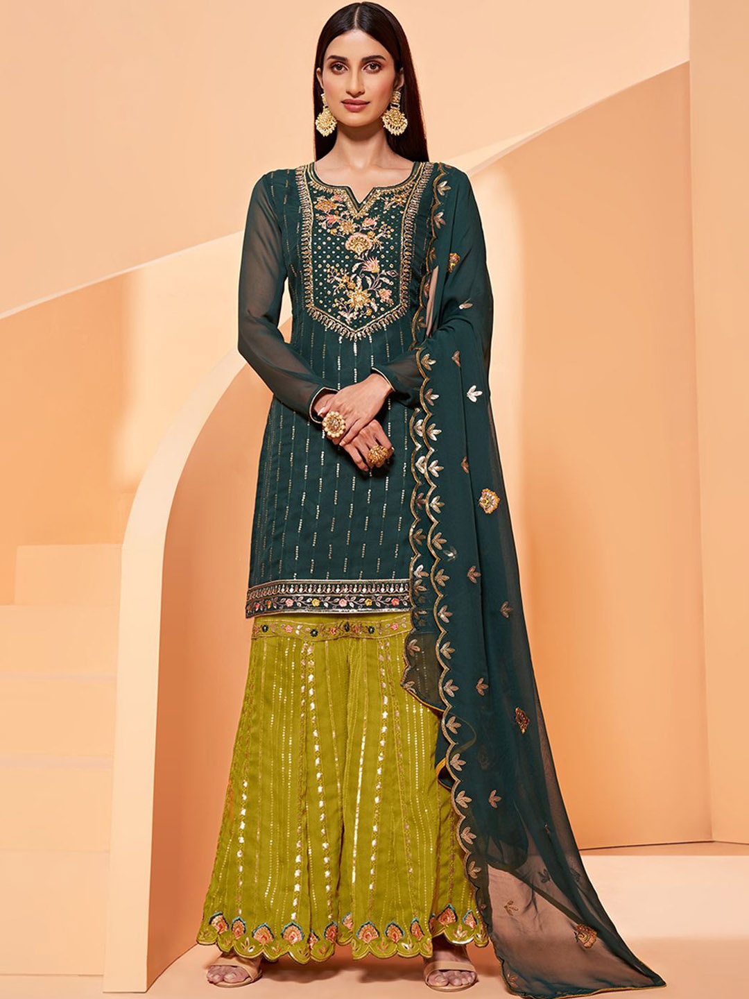 ALIZEH Floral Buttis And Sequins Embroidered Short Kurta With Sharara And Dupatta, Green
ALIZEH Floral Buttis And Sequins Embroidered Short Kurta With Sharara And Dupatta, Green