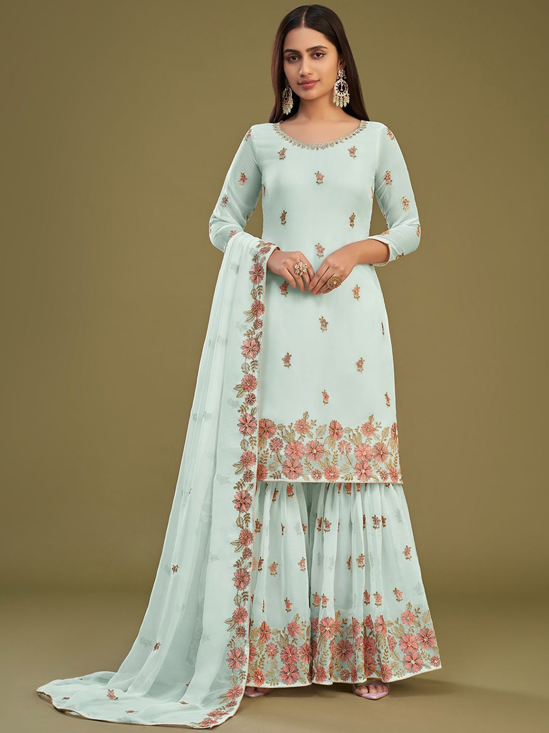 ALIZEH Floral Embroidered Beads And Stones Georgette Kurta With Sharara And Dupatta, Blue
ALIZEH Floral Embroidered Beads And Stones Georgette Kurta With Sharara And Dupatta, Blue