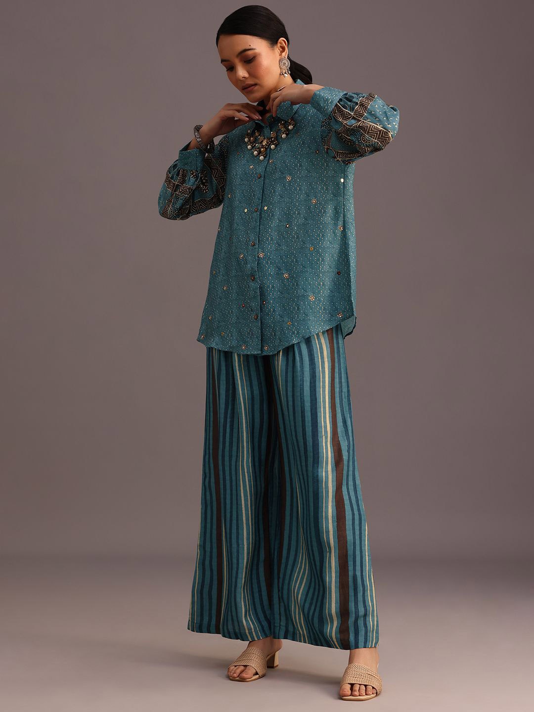 KALKI Fashion Ethnic Printed Shirt Collar Beads And Stones Linen Shirt & Palazzo, Blue
KALKI Fashion Ethnic Printed Shirt Collar Beads And Stones Linen Shirt & Palazzo, Blue