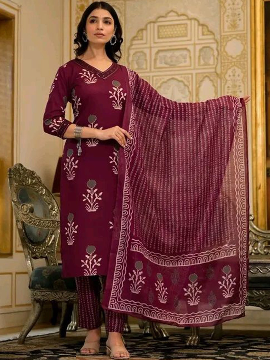 Ethnic 3 You Floral Printed V-Neck Pure Cotton Kurta With Trouser And Dupatta, Maroon
Ethnic 3 You Floral Printed V-Neck Pure Cotton Kurta With Trouser And Dupatta, Maroon