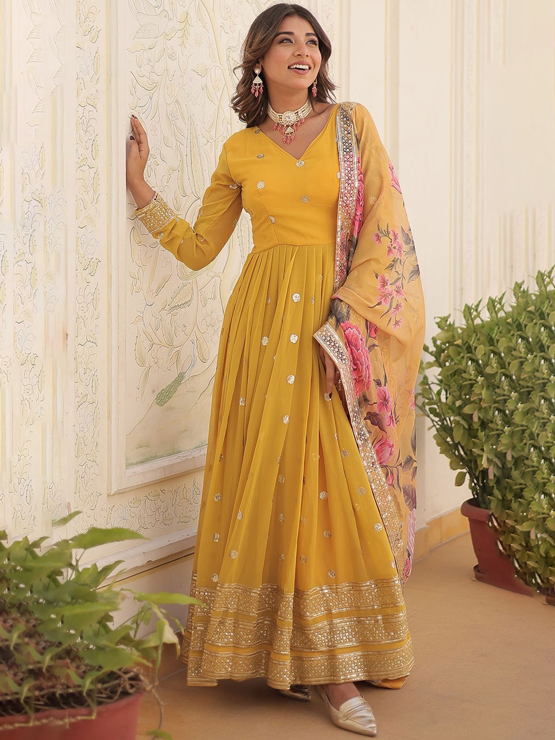 Kedar Fab Sequined Embellished V-Neck Pure Georgette Anarkali Ethnic Dress, Yellow
Kedar Fab Sequined Embellished V-Neck Pure Georgette Anarkali Ethnic Dress, Yellow