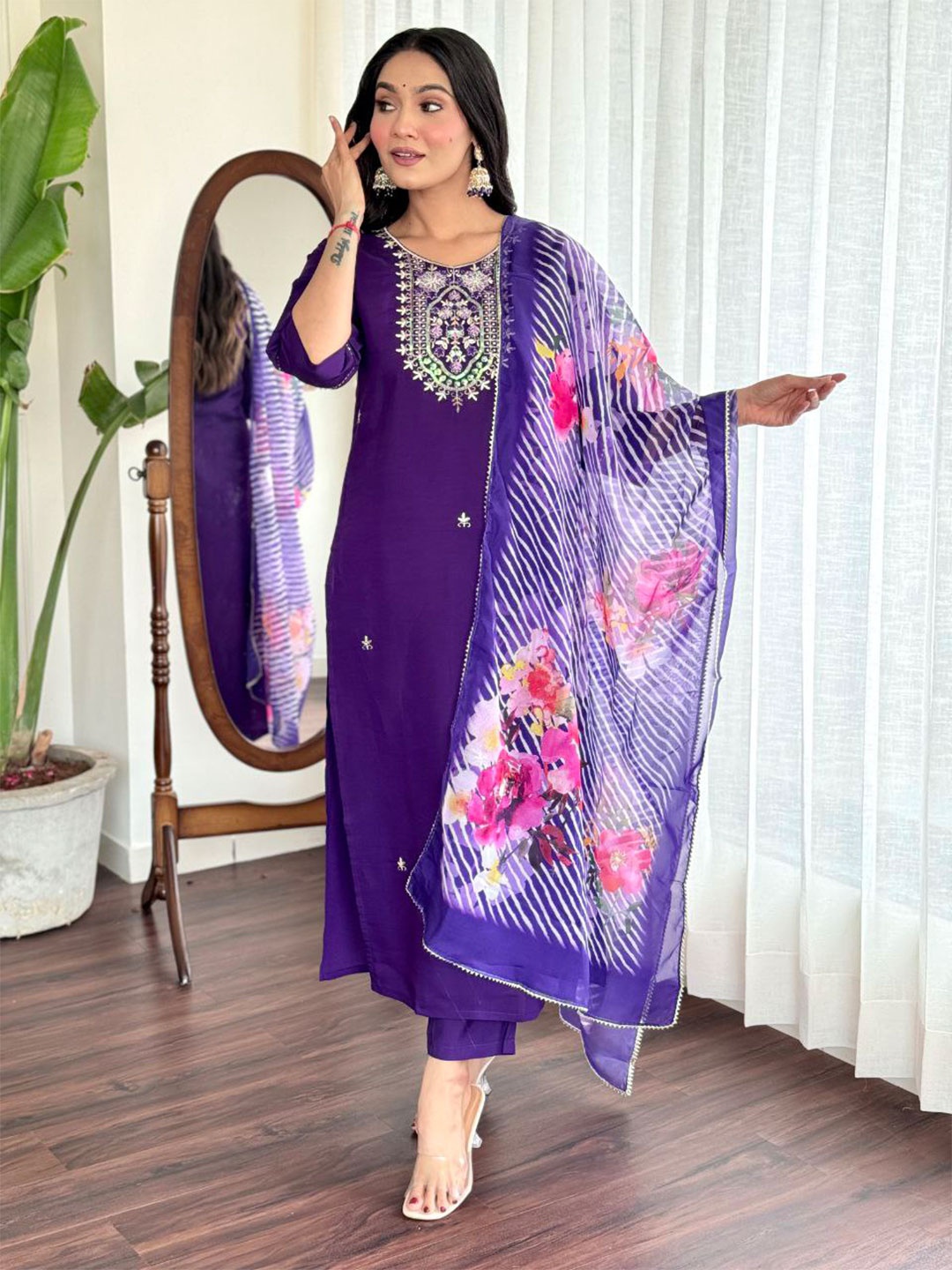 TRAHIMAM Floral Embroidered Chanderi Silk Straight Kurta With Trouser And Dupatta, Purple
TRAHIMAM Floral Embroidered Chanderi Silk Straight Kurta With Trouser And Dupatta, Purple
