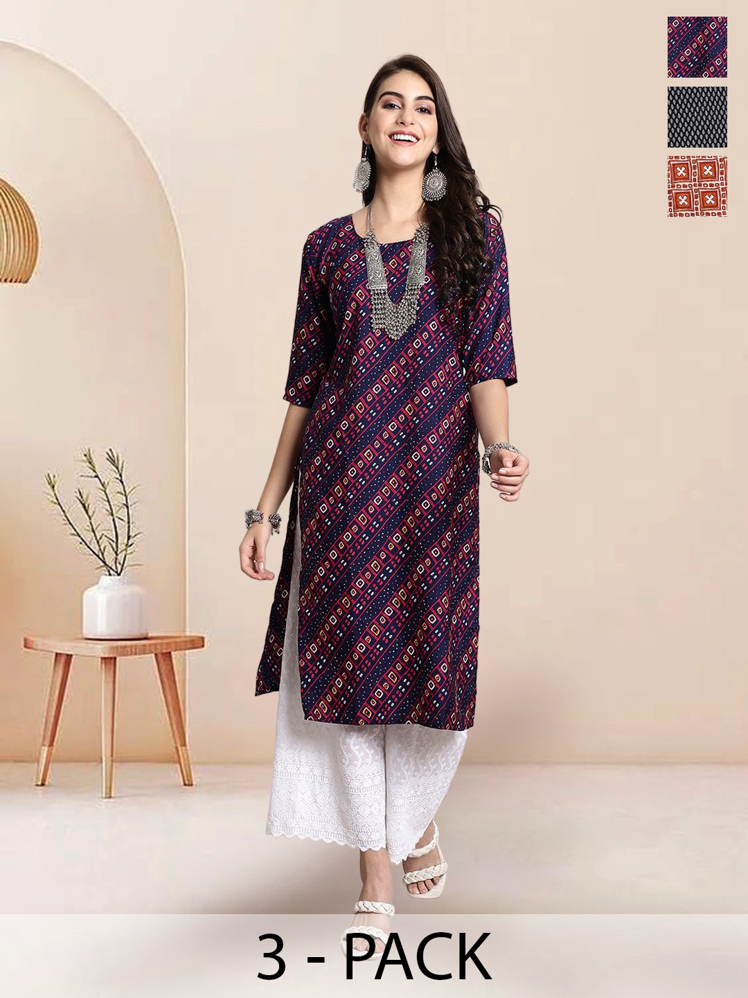 7Threads Selection Of 3 Ethnic Motifs Printed Round Neck Straight Kurtas, Navy blue
7Threads Selection Of 3 Ethnic Motifs Printed Round Neck Straight Kurtas, Navy blue