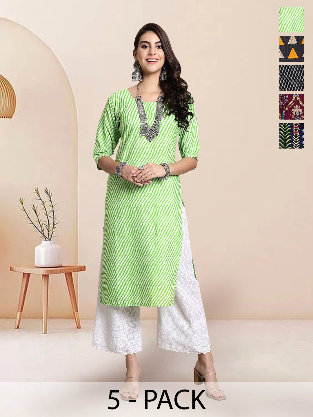 7Threads Selection Of 5 Leheriya Printed Round Neck Straight Kurtas, Lime green
7Threads Selection Of 5 Leheriya Printed Round Neck Straight Kurtas, Lime green