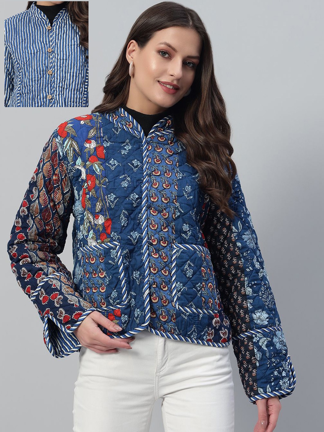 HANDICRAFT PALACE Women Floral Printed Cotton Casual Tailored Reversible Jacket, Blue
HANDICRAFT PALACE Women Floral Printed Cotton Casual Tailored Reversible Jacket, Blue