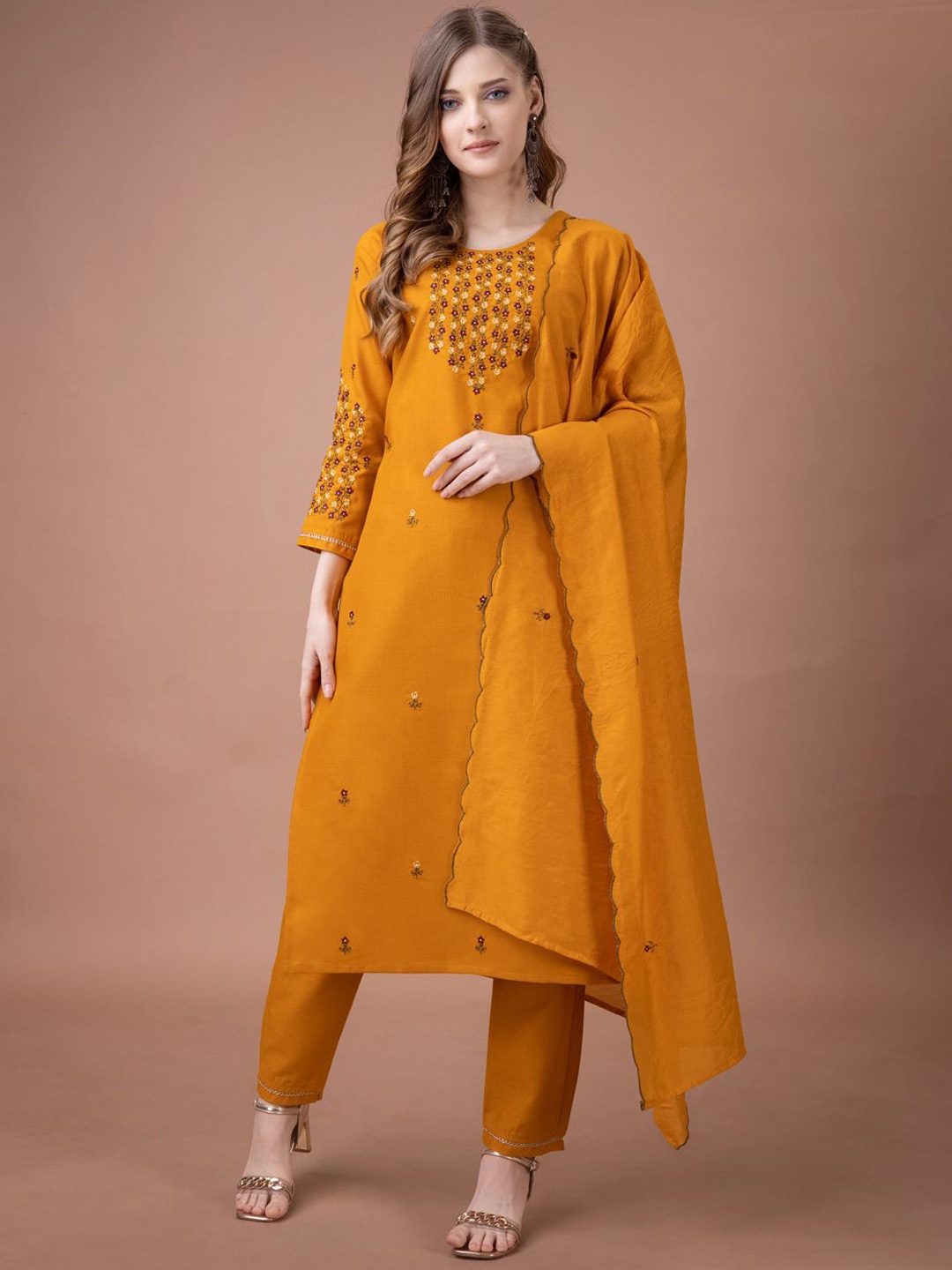 ARADHNA Embroidered Thread Work Notched Neck Straight Kurta With Trouser And Dupatta, Mustard
ARADHNA Embroidered Thread Work Notched Neck Straight Kurta With Trouser And Dupatta, Mustard