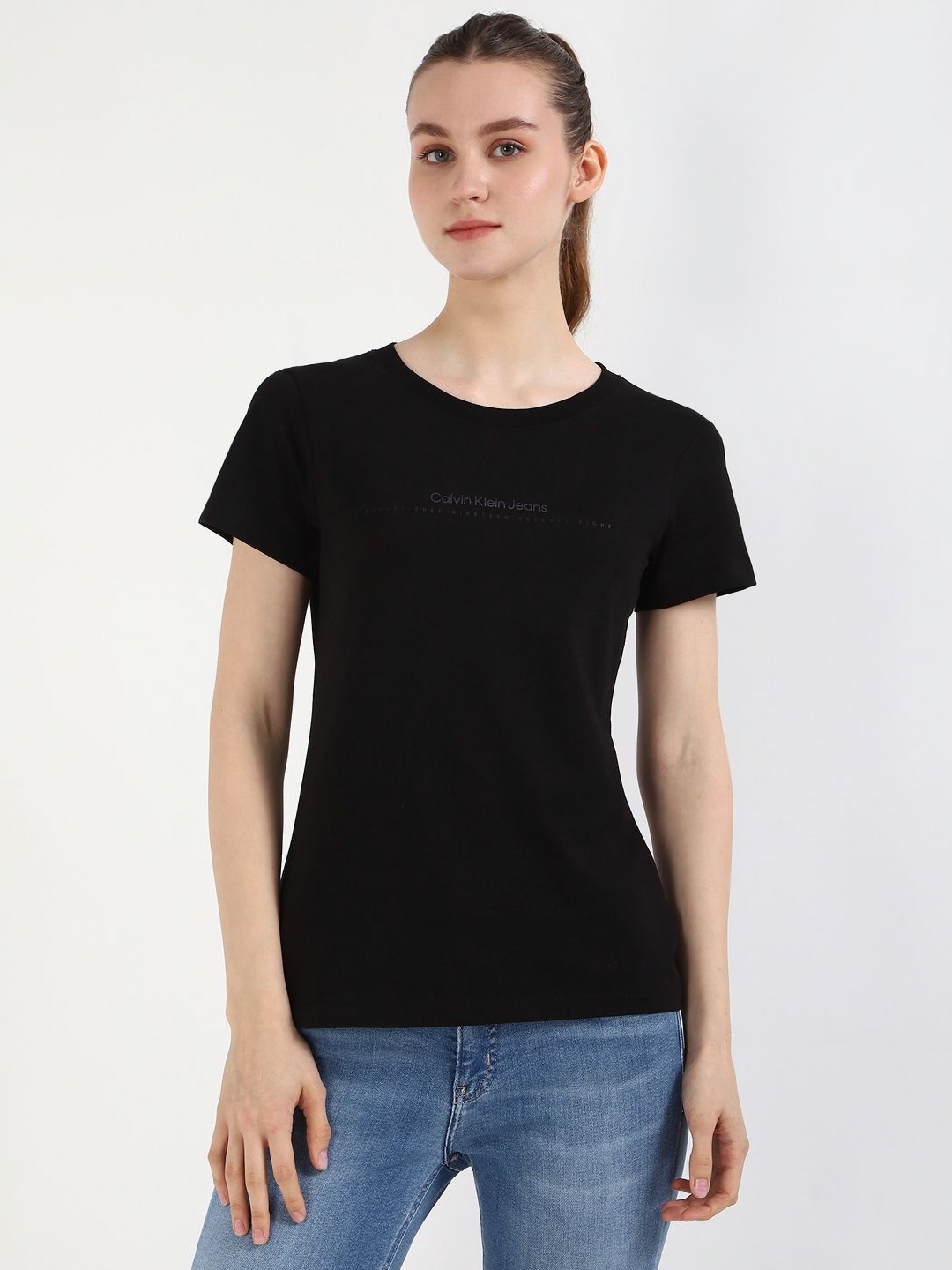 Calvin Klein Jeans Women Typography Printed Round Neck Cotton Slim Fit T-shirt, Black
Calvin Klein Jeans Women Typography Printed Round Neck Cotton Slim Fit T-shirt, Black