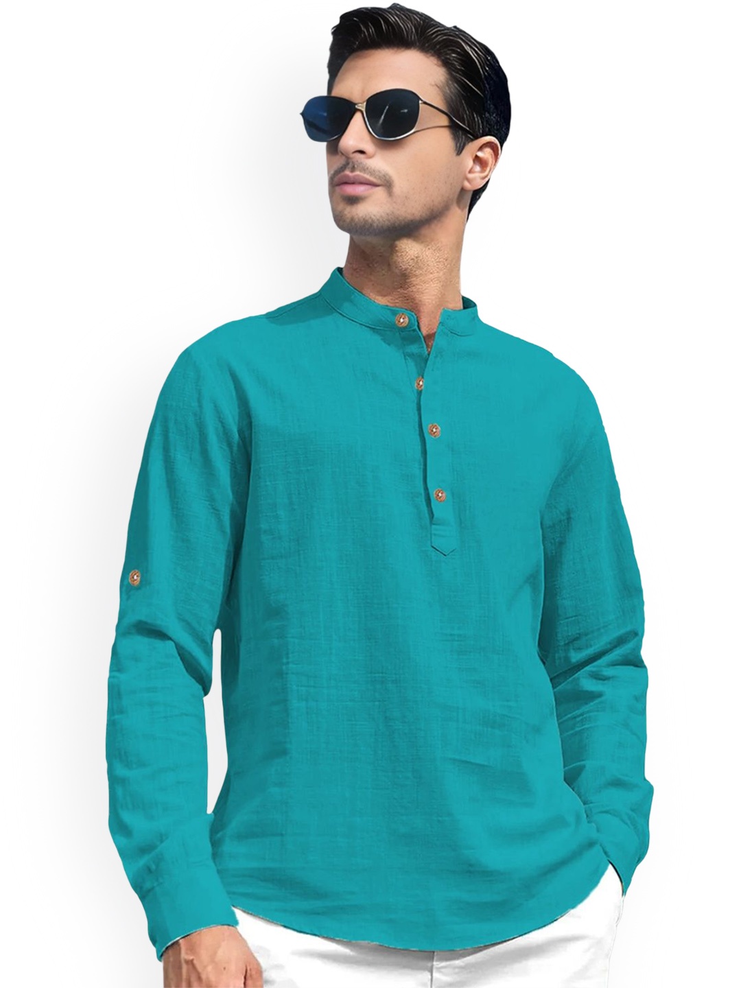 Vida Loca Band Collar Roll-Up Sleeves Pure Cotton Slim Fit Straight Short Kurta, Turquoise blue
Vida Loca Band Collar Roll-Up Sleeves Pure Cotton Slim Fit Straight Short Kurta, Turquoise blue