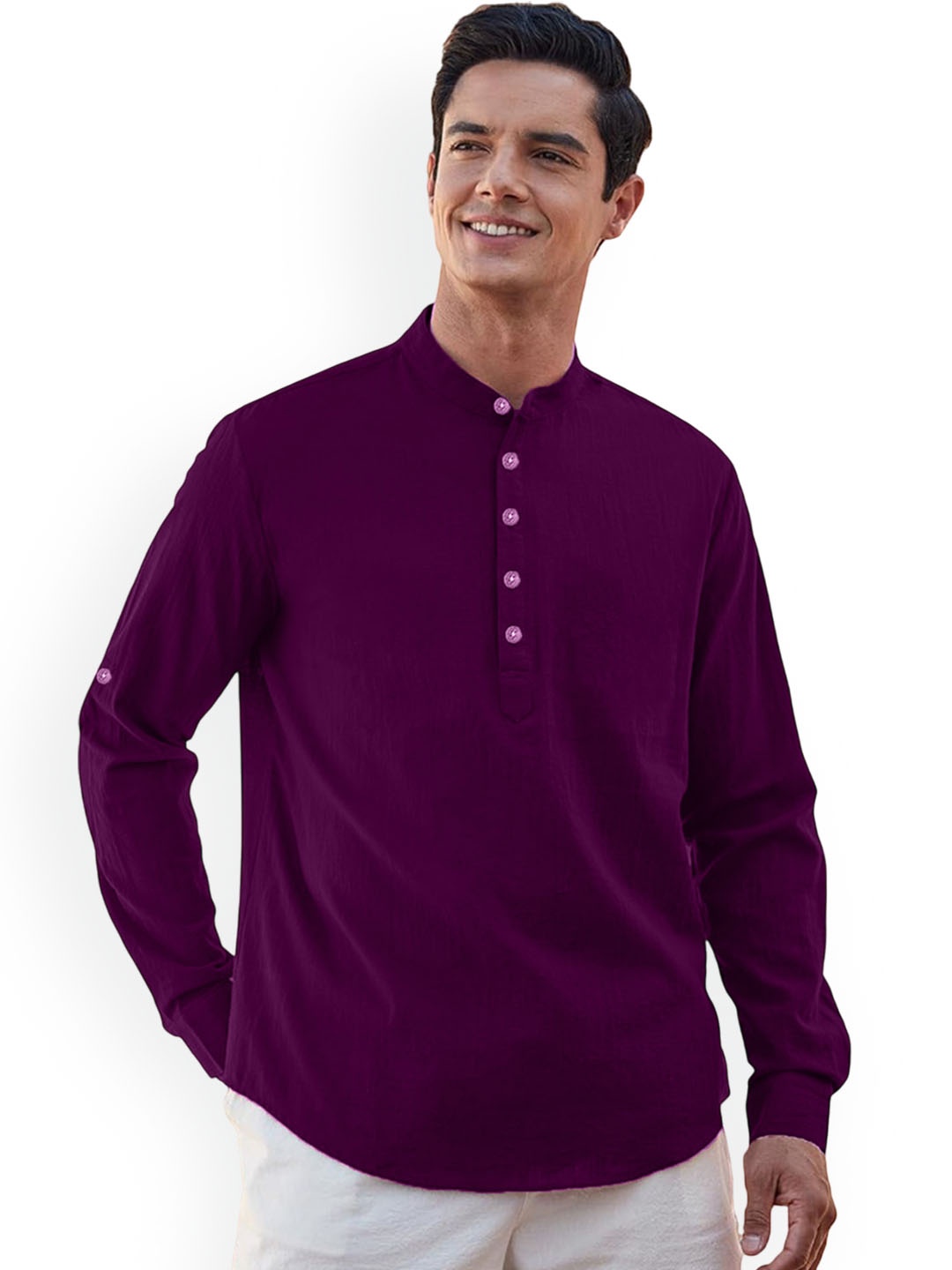 Vida Loca Band Collar Roll-Up Sleeves Pure Cotton Slim Fit Straight Short Kurta, Purple
Vida Loca Band Collar Roll-Up Sleeves Pure Cotton Slim Fit Straight Short Kurta, Purple