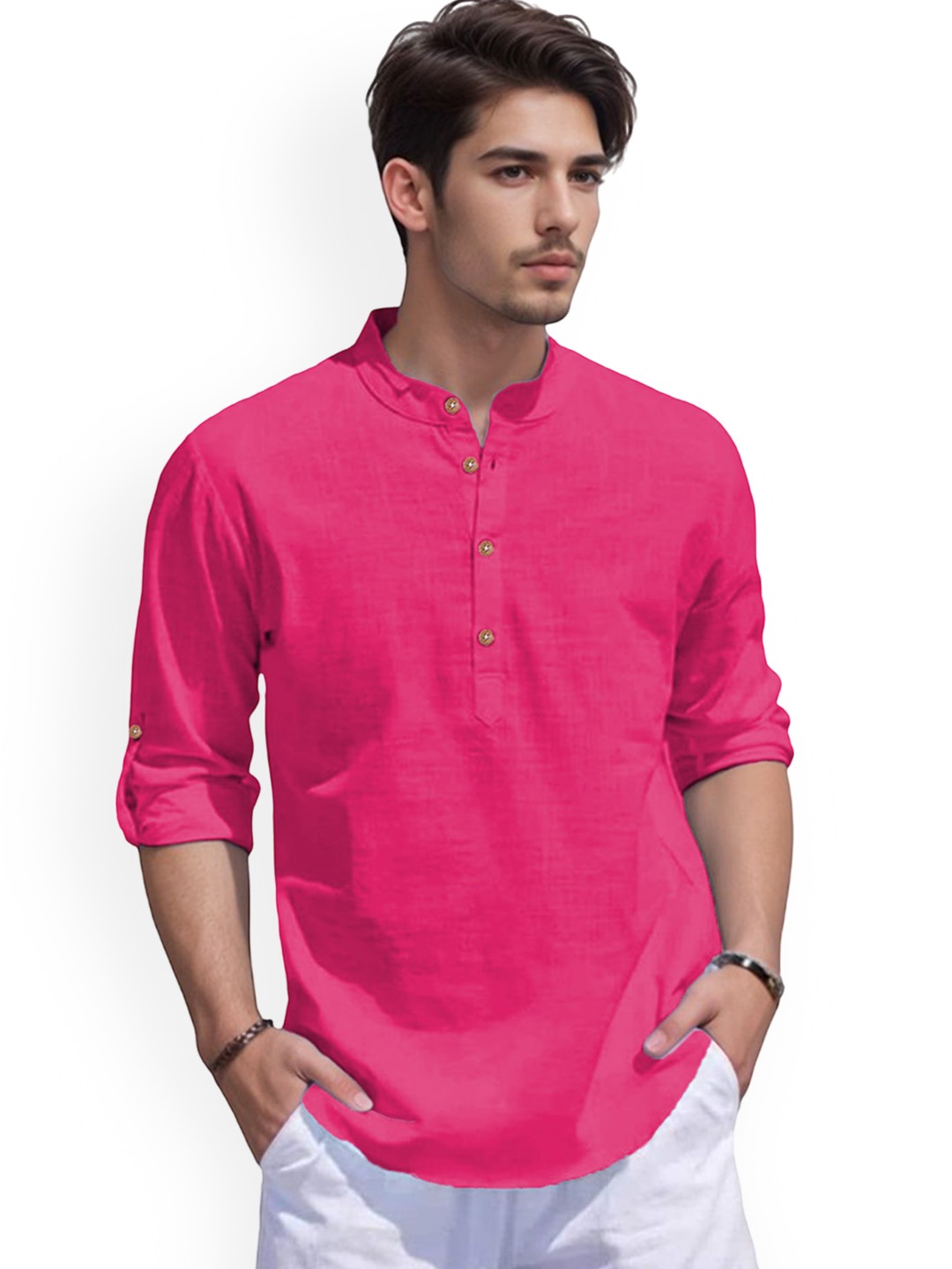 Vida Loca Band Collar Roll-Up Sleeves Pure Cotton Slim Fit Straight Short Kurta, Pink
Vida Loca Band Collar Roll-Up Sleeves Pure Cotton Slim Fit Straight Short Kurta, Pink