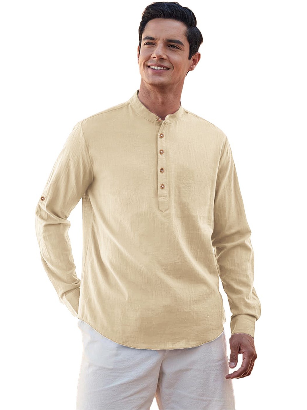 Vida Loca Band Collar Roll-Up Sleeves Pure Cotton Slim Fit Straight Short Kurta, Beige
Vida Loca Band Collar Roll-Up Sleeves Pure Cotton Slim Fit Straight Short Kurta, Beige