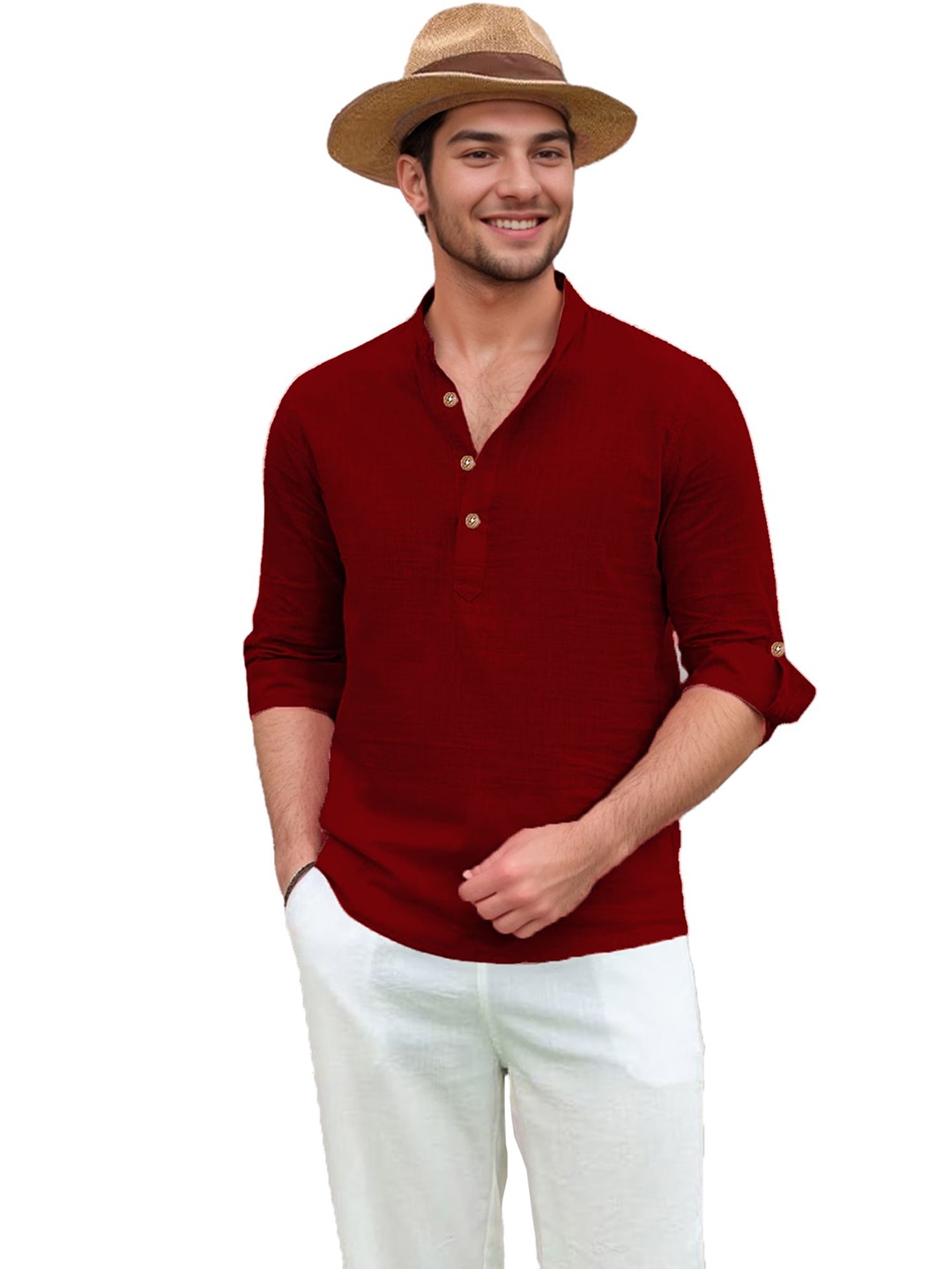Vida Loca Band Collar Roll-Up Sleeves Pure Cotton Slim Fit Straight Short Kurta, Maroon
Vida Loca Band Collar Roll-Up Sleeves Pure Cotton Slim Fit Straight Short Kurta, Maroon