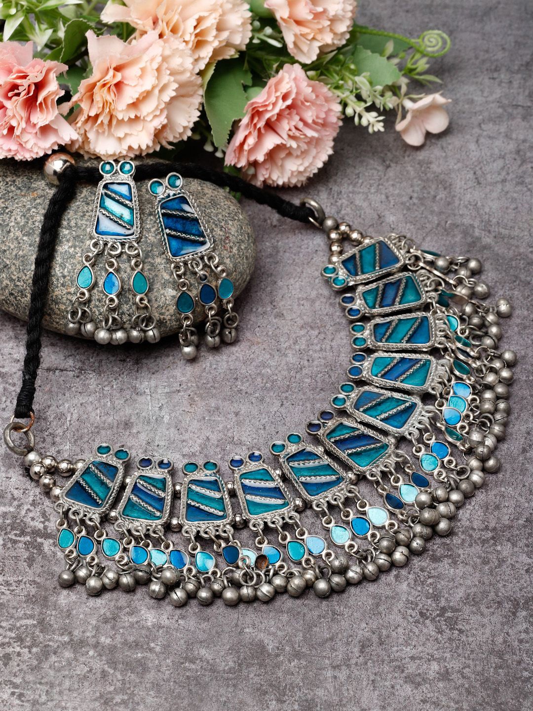 Moedbuille Sliver-Plated Stone-Studded Meenakari Work Tasselled Tribal Jewellery Set, Silver
Moedbuille Sliver-Plated Stone-Studded Meenakari Work Tasselled Tribal Jewellery Set, Silver