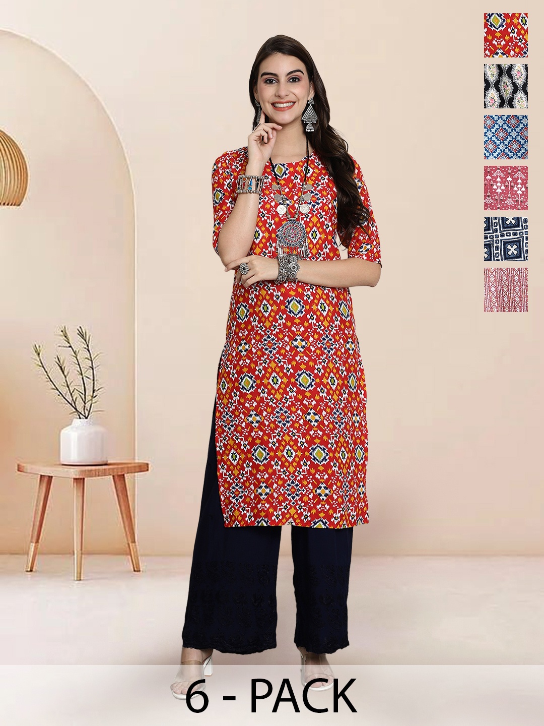 7Threads Selection Of 6 Ethnic Motifs Printed Round Neck Straight Kurtas, Red
7Threads Selection Of 6 Ethnic Motifs Printed Round Neck Straight Kurtas, Red