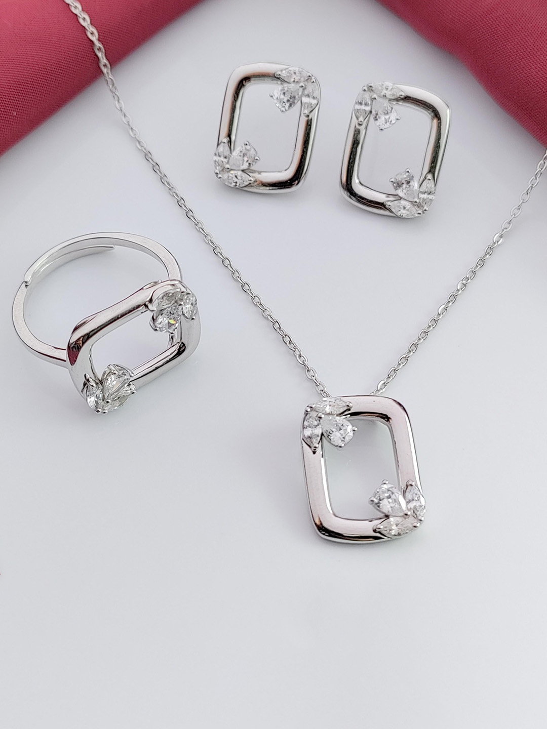 AMONROO 925 Sterling Silver Rhodium-Plated CZ Studded Necklace & Earrings With Finger Ring
AMONROO 925 Sterling Silver Rhodium-Plated CZ Studded Necklace & Earrings With Finger Ring
