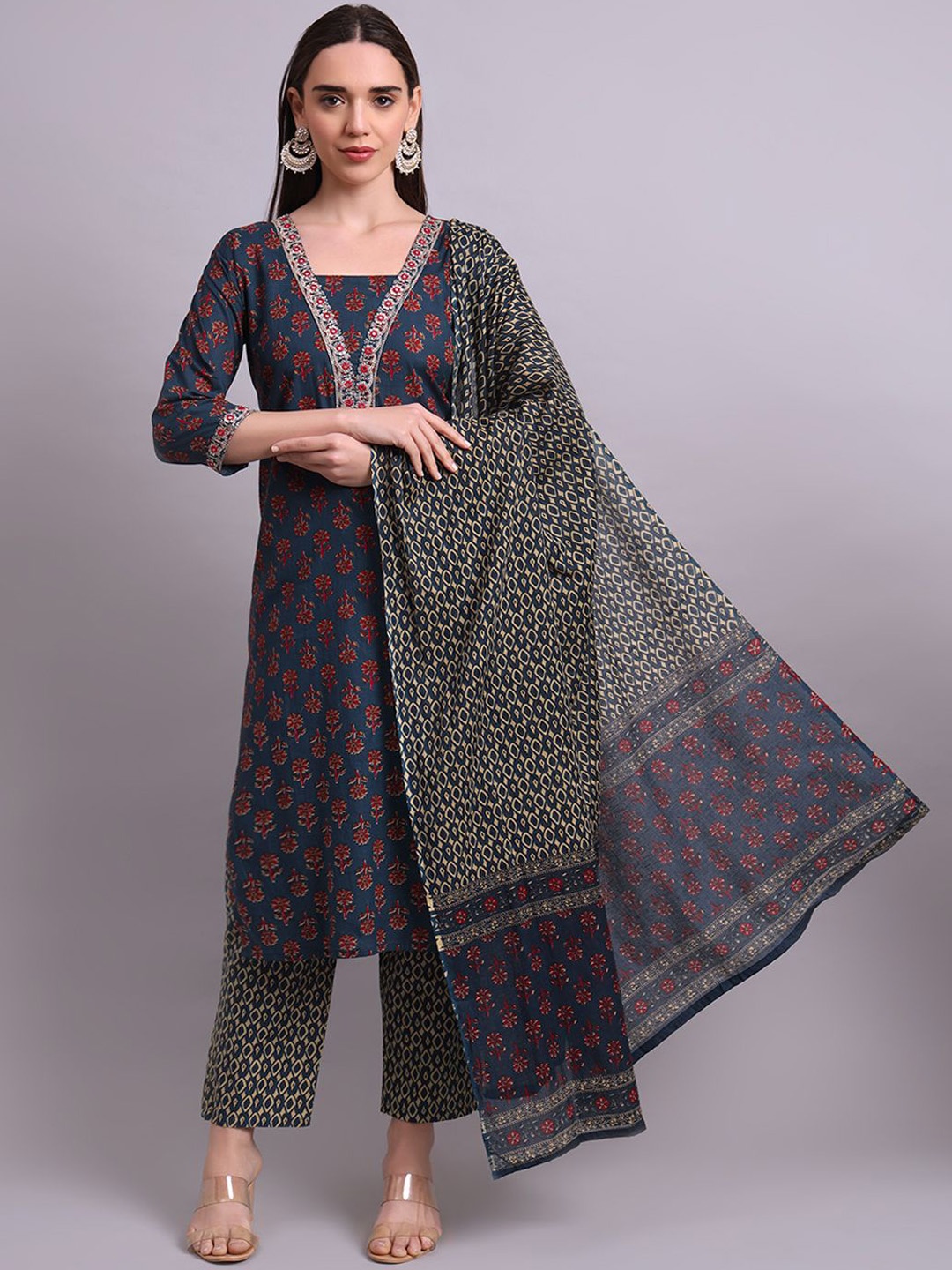 aayusika Floral Printed Mirror Work Pure Cotton Straight Kurta With Trousers & Dupatta, Navy blue
aayusika Floral Printed Mirror Work Pure Cotton Straight Kurta With Trousers & Dupatta, Navy blue