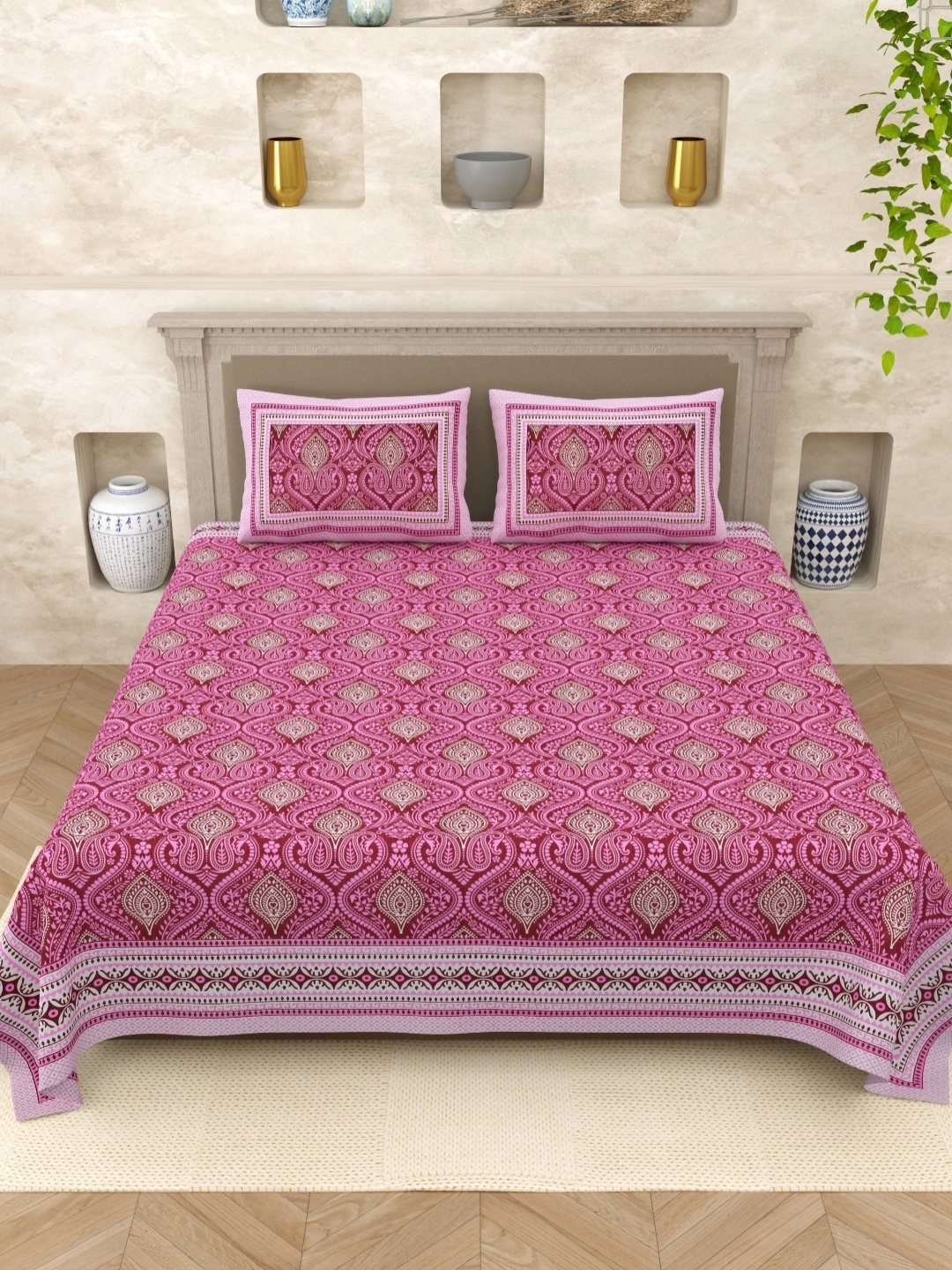 Varde Pink 160 TC Hand Block Printed Bedsheet for Double Bed Cotton with 2 Pillow Covers
Varde Pink 160 TC Hand Block Printed Bedsheet for Double Bed Cotton with 2 Pillow Covers