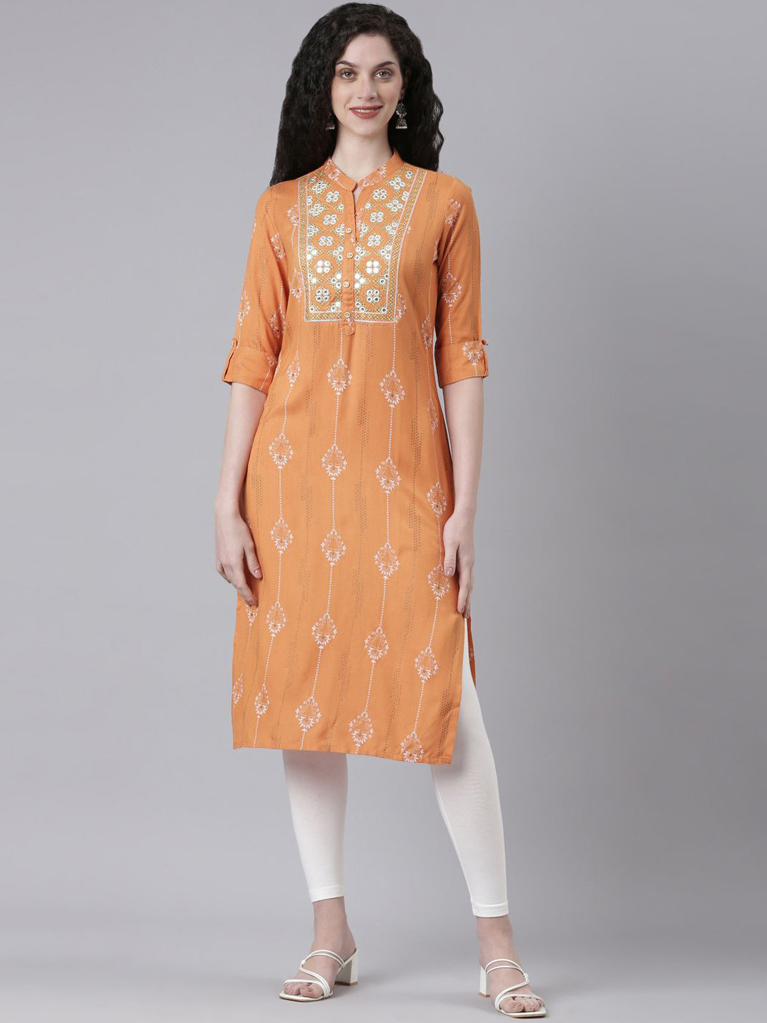 Souchii Ethnic Motifs Printed Mirror Work Mandarin Collar Straight Kurta, Orange
Souchii Ethnic Motifs Printed Mirror Work Mandarin Collar Straight Kurta, Orange