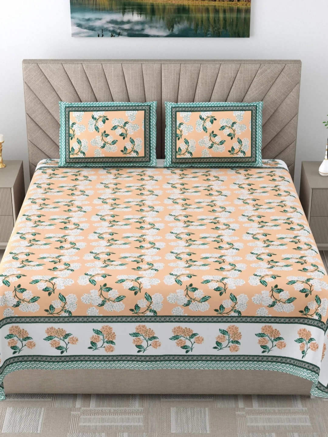 LIVING ROOTS Elegance Peach Printed 250 TC Pure Cotton King Bedsheet Set 2.13 m x 2.64 m
LIVING ROOTS Elegance Peach Printed 250 TC Pure Cotton King Bedsheet Set 2.13 m x 2.64 m