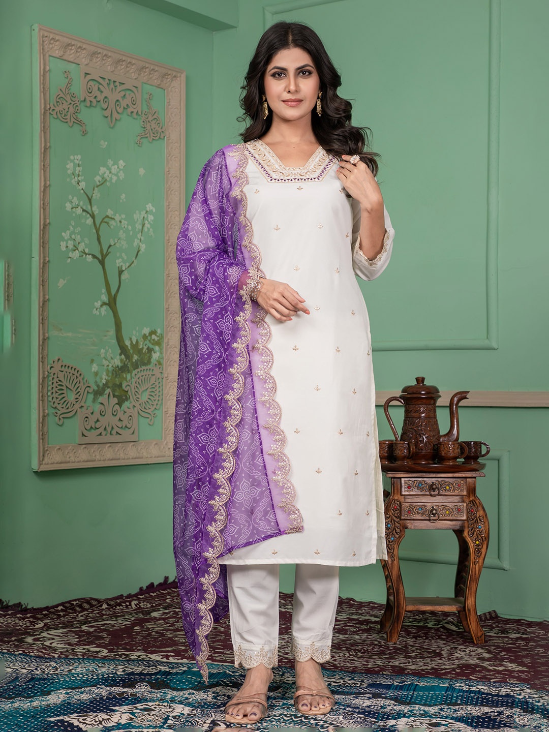 KALINI Floral Embroidered Square Neck Sequinned Straight Kurta With Trousers & Dupatta, White
KALINI Floral Embroidered Square Neck Sequinned Straight Kurta With Trousers & Dupatta, White