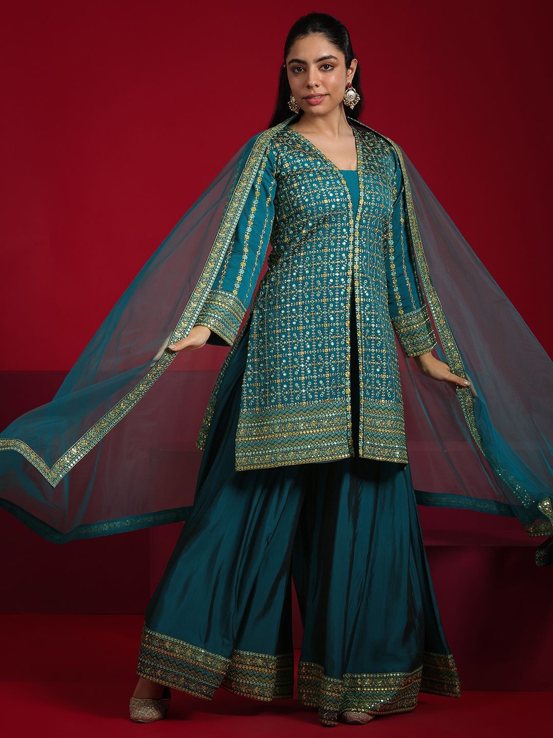 Libas Art Ethnic Motifs Embroidered Mirror Work Straight Kurti with Palazzos & Dupatta, Teal
Libas Art Ethnic Motifs Embroidered Mirror Work Straight Kurti with Palazzos & Dupatta, Teal
