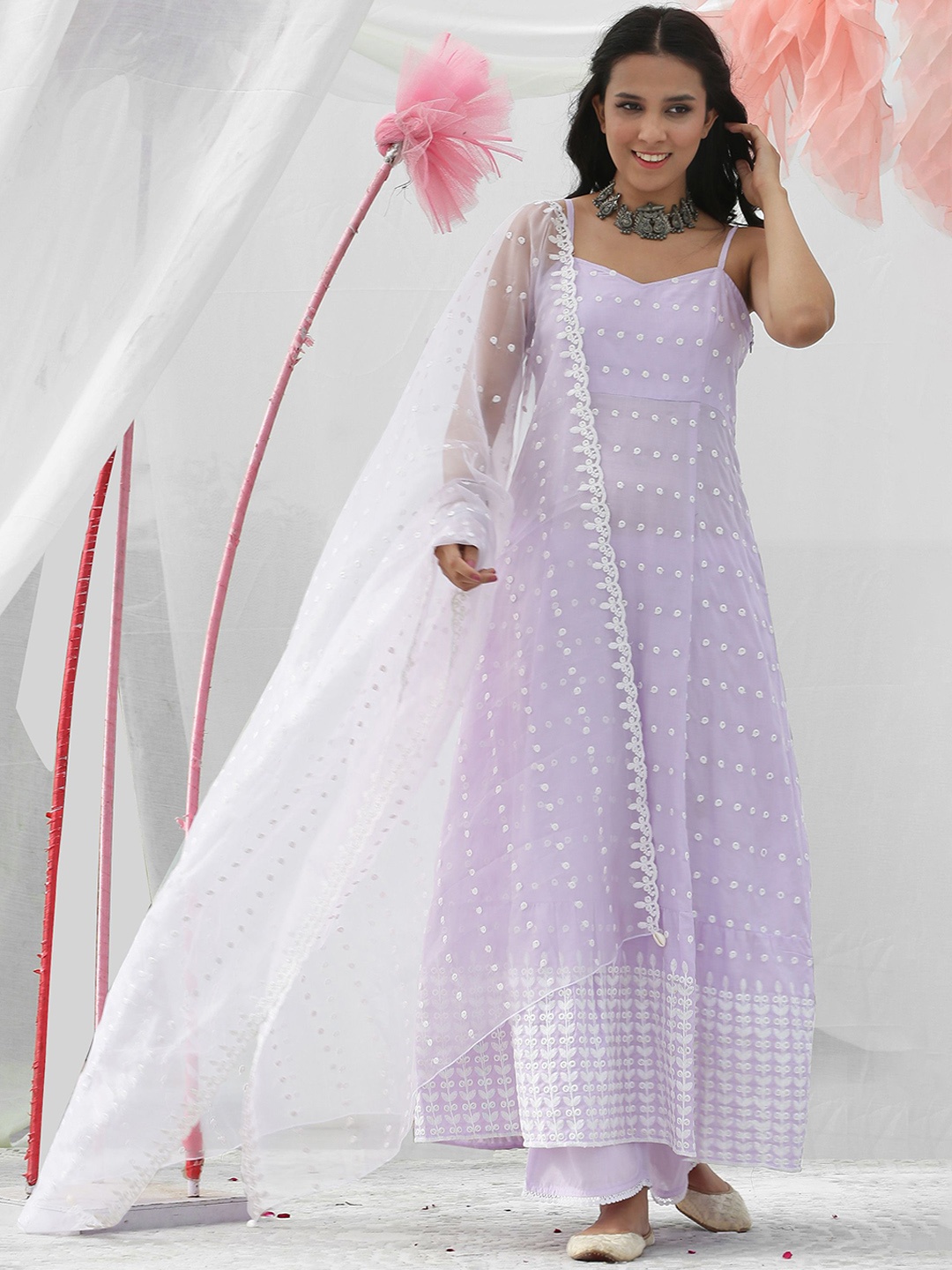 SEW Floral Embroidered Thread Work Pure Cotton Anarkali Kurta With Palazzos & Dupatta, Lavender
SEW Floral Embroidered Thread Work Pure Cotton Anarkali Kurta With Palazzos & Dupatta, Lavender