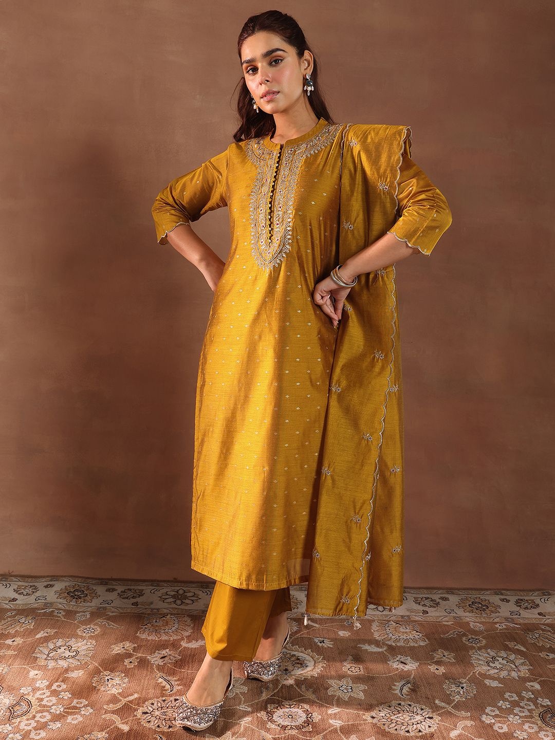 Libas Floral Woven Design Thread Work Chanderi Silk Kurta With Trouser & Dupatta, Mustard
Libas Floral Woven Design Thread Work Chanderi Silk Kurta With Trouser & Dupatta, Mustard