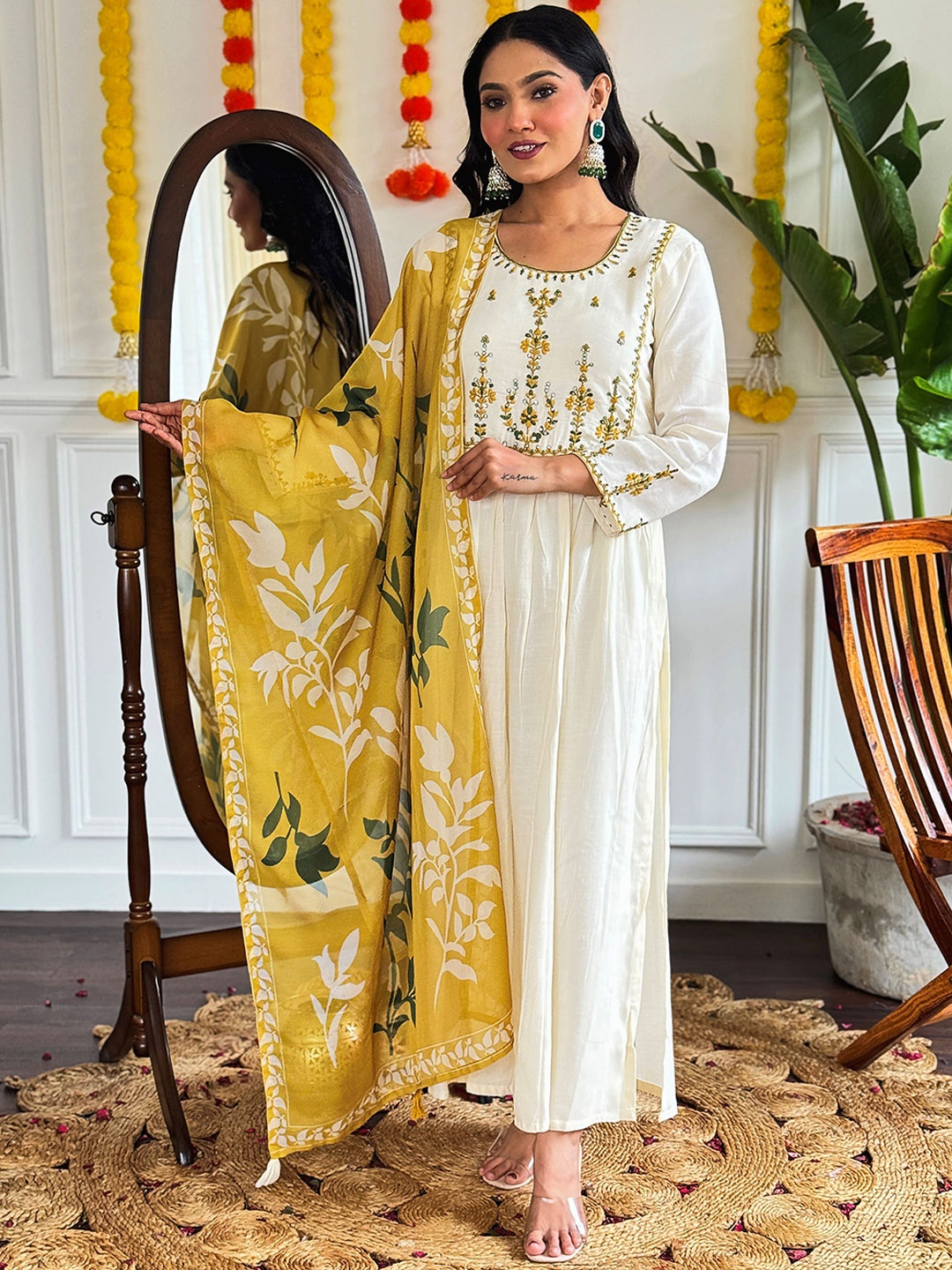 KALINI Floral Yoke Design Thread Work Pleated Linen A-Line Kurta With Trousers & Dupatta, Off white
KALINI Floral Yoke Design Thread Work Pleated Linen A-Line Kurta With Trousers & Dupatta, Off white