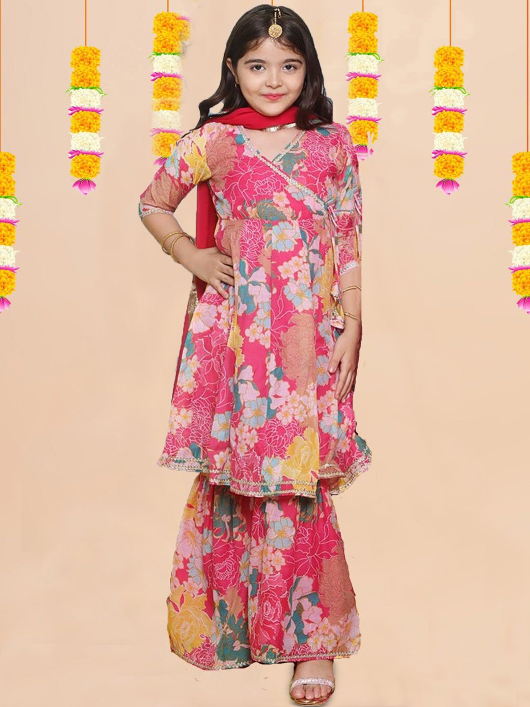 BAESD Girls Floral Printed Angrakha V-Neck Anarkali Kurta With Sharara And Dupatta, Pink
BAESD Girls Floral Printed Angrakha V-Neck Anarkali Kurta With Sharara And Dupatta, Pink