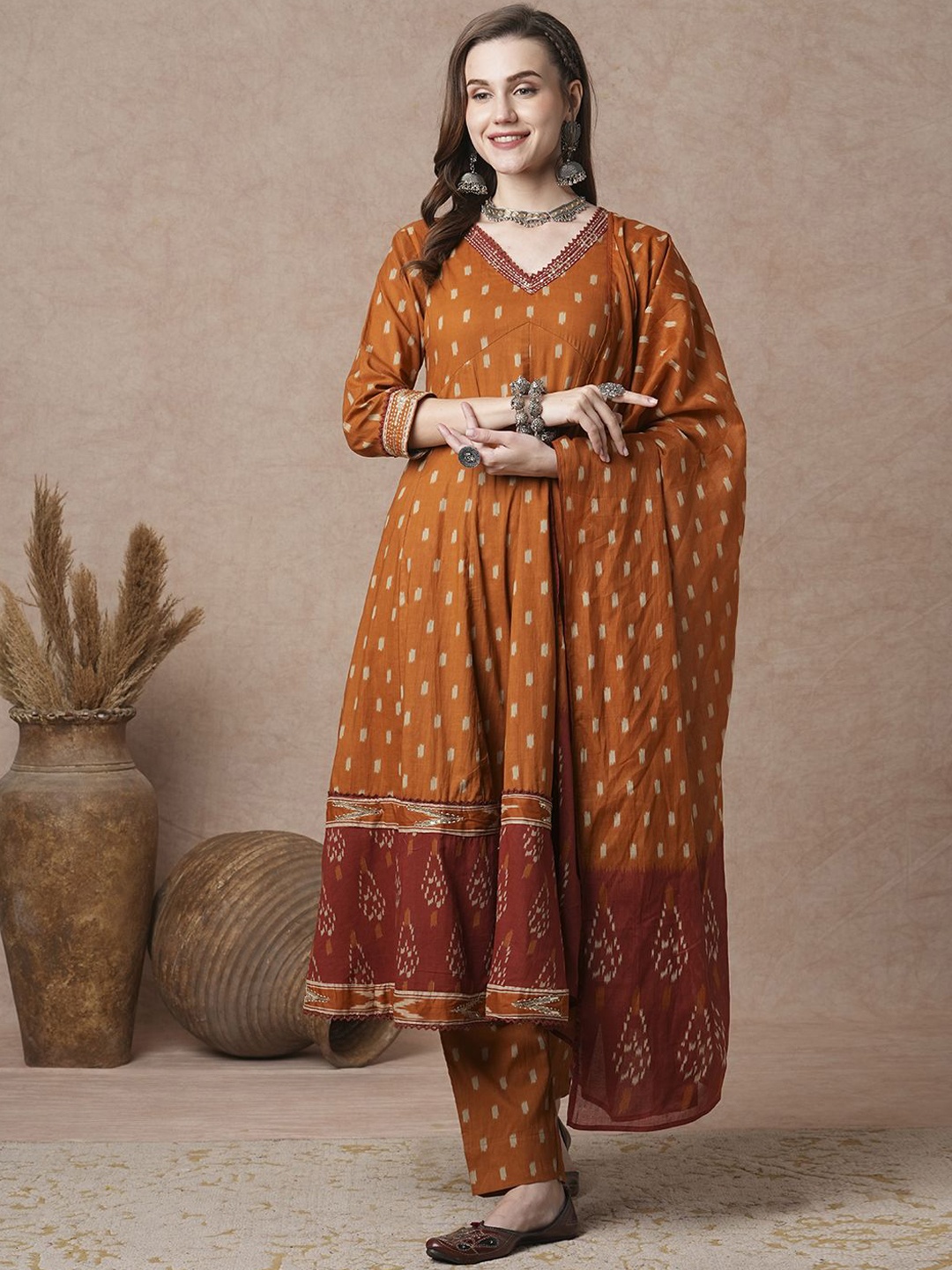 FASHOR Ethnic Motifs Printed V-Neck Pure Cotton Anarkali Kurta with Trousers And Dupatta, Orange
FASHOR Ethnic Motifs Printed V-Neck Pure Cotton Anarkali Kurta with Trousers And Dupatta, Orange