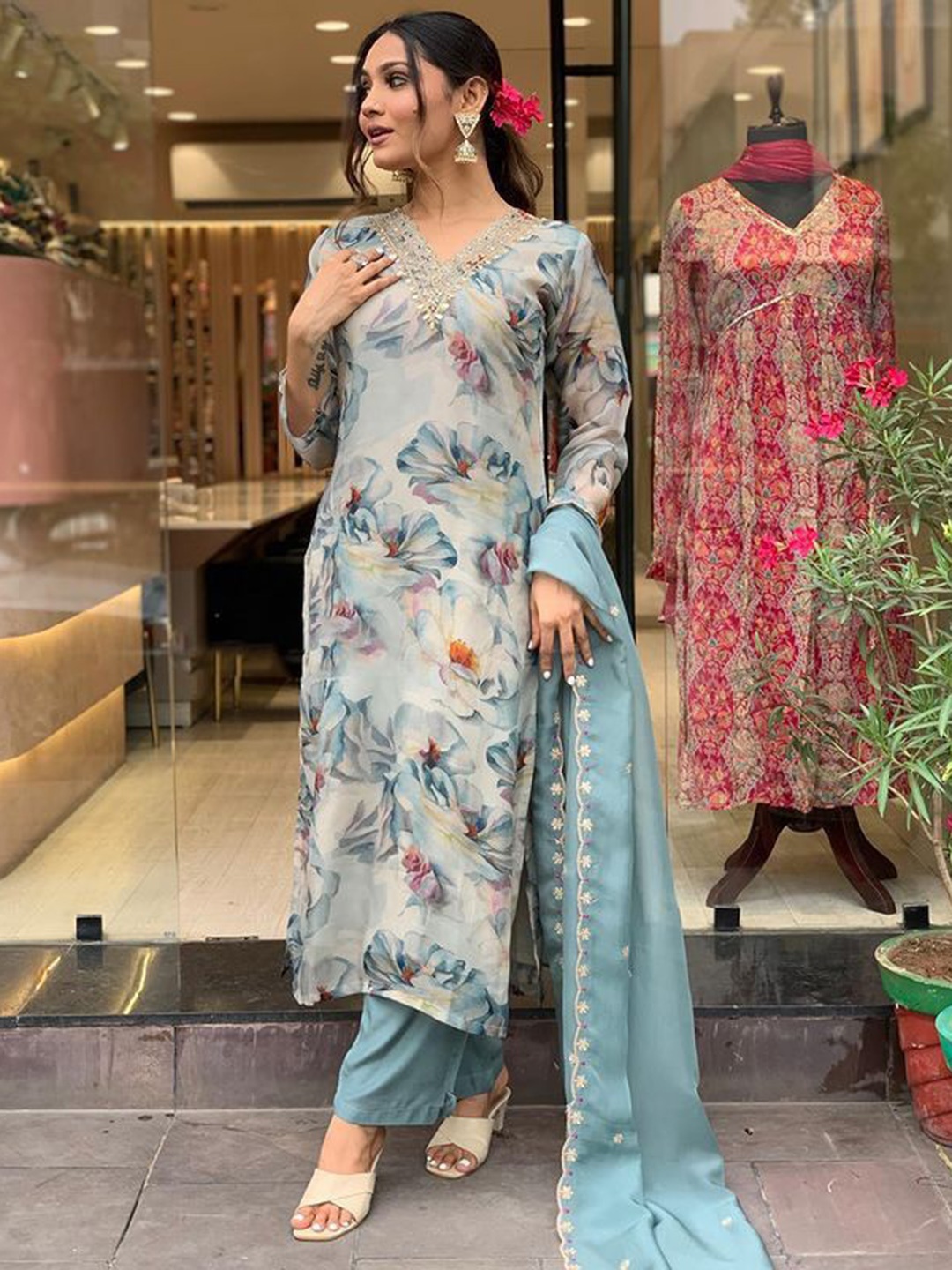 Krimmple Floral Printed V-Neck Gotta Patti Straight Kurta With Trousers And Dupatta, Blue
Krimmple Floral Printed V-Neck Gotta Patti Straight Kurta With Trousers And Dupatta, Blue