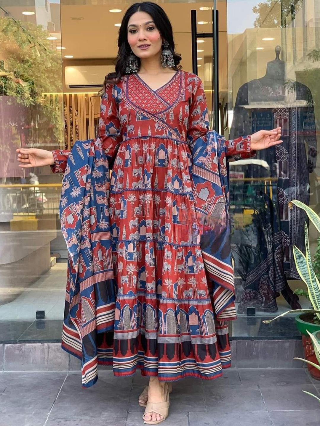 Krimmple Ethnic Motifs Printed V Neck Pure Cotton Angrakha Kurta With Trousers And Dupatta, Red
Krimmple Ethnic Motifs Printed V Neck Pure Cotton Angrakha Kurta With Trousers And Dupatta, Red
