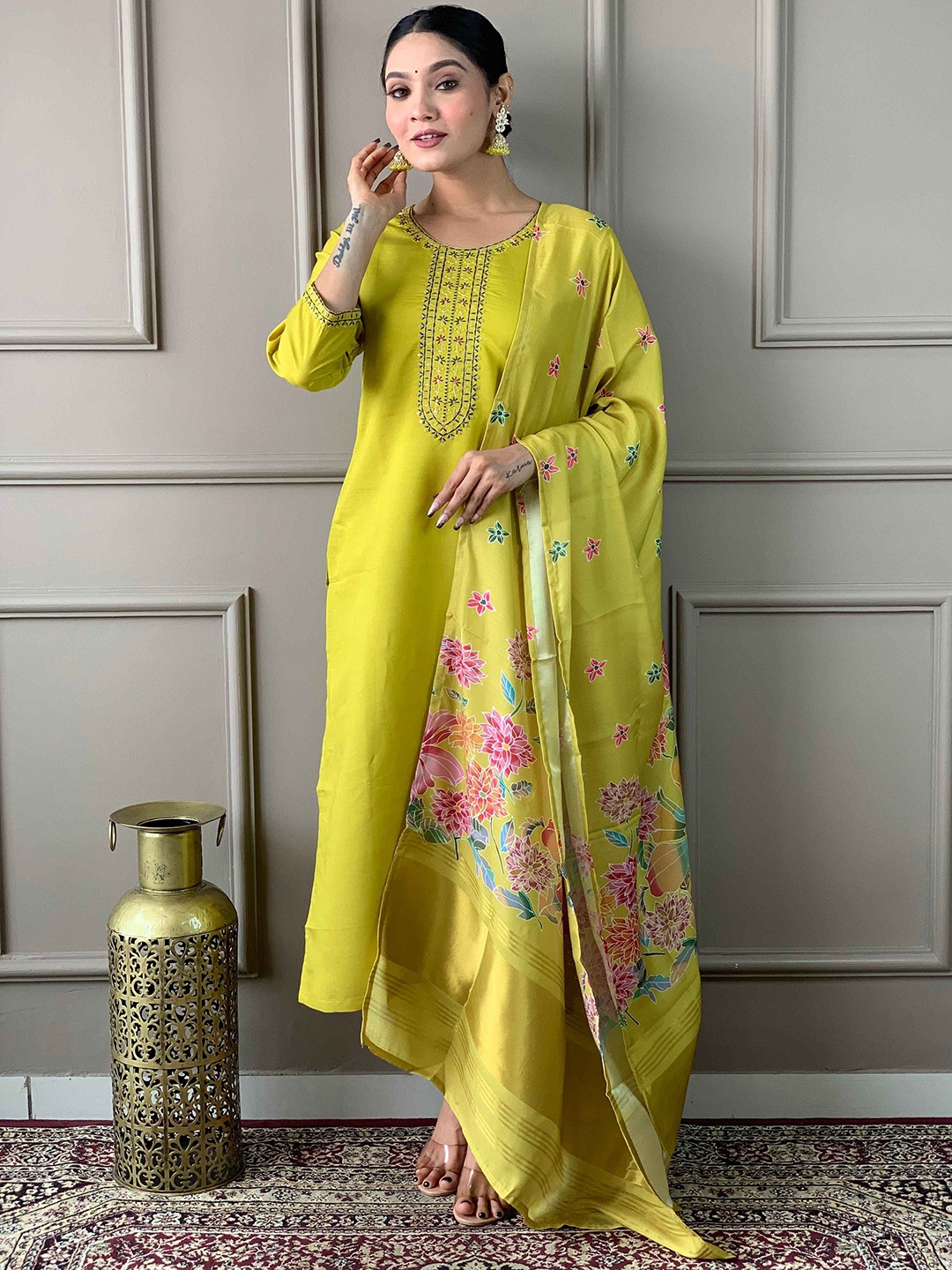 Krimmple Women Floral Embroidered Regular Thread Work Pure Cotton Kurti with Trousers & With Dupatta, Mustard
Krimmple Women Floral Embroidered Regular Thread Work Pure Cotton Kurti with Trousers & With Dupatta, Mustard