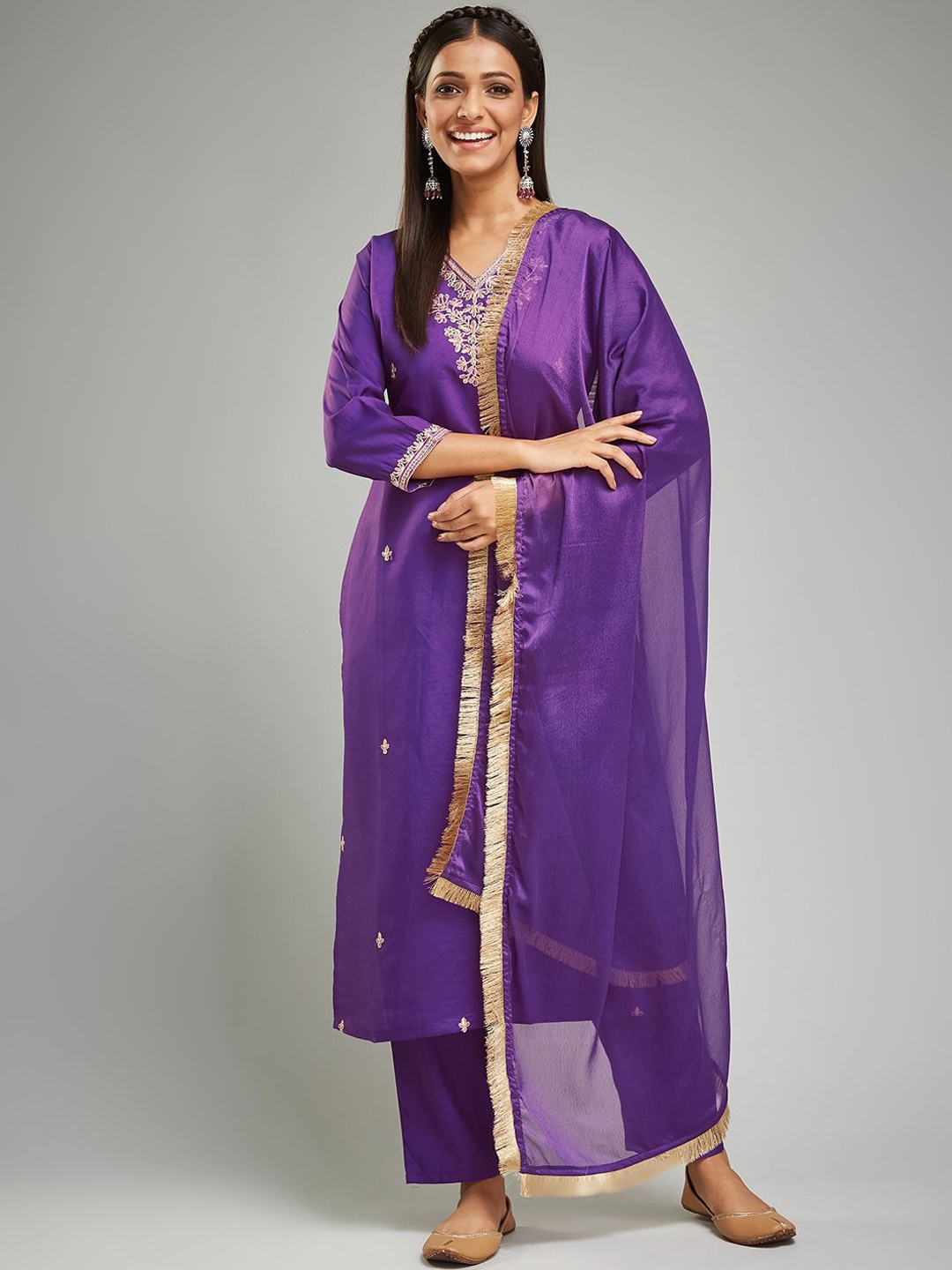 Krimmple V-Neck Floral Embroidered Pure Silk Straight Kurta With Trousers And Dupatta, Purple
Krimmple V-Neck Floral Embroidered Pure Silk Straight Kurta With Trousers And Dupatta, Purple