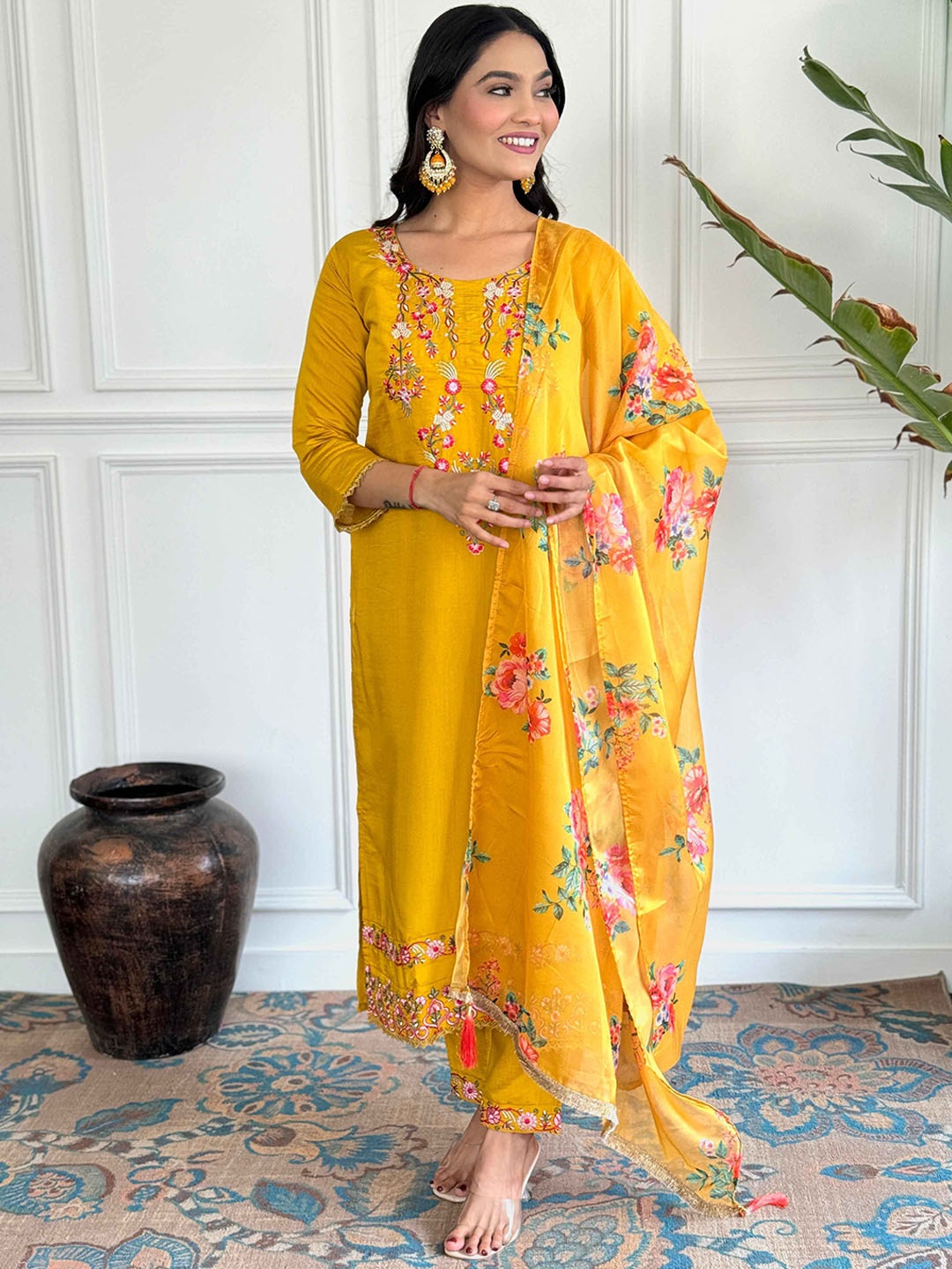 Krimmple Floral Embroidered Thread Work Pure Silk Straight Kurta With Trousers And Dupatta, Mustard
Krimmple Floral Embroidered Thread Work Pure Silk Straight Kurta With Trousers And Dupatta, Mustard