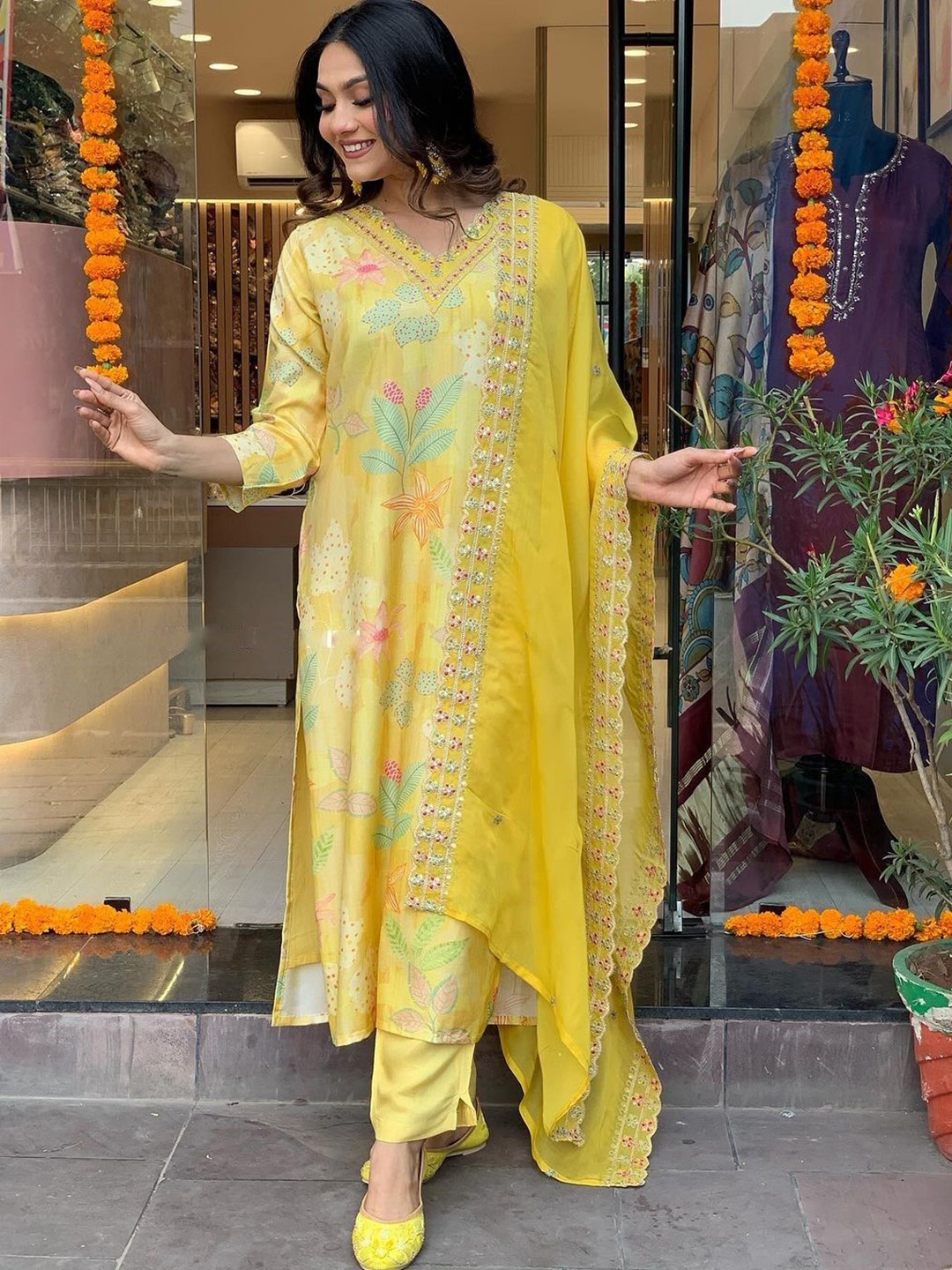Krimmple Floral Printed Sequinned V Neck Pure Silk Kurta With Trousers And Dupatta, Yellow
Krimmple Floral Printed Sequinned V Neck Pure Silk Kurta With Trousers And Dupatta, Yellow