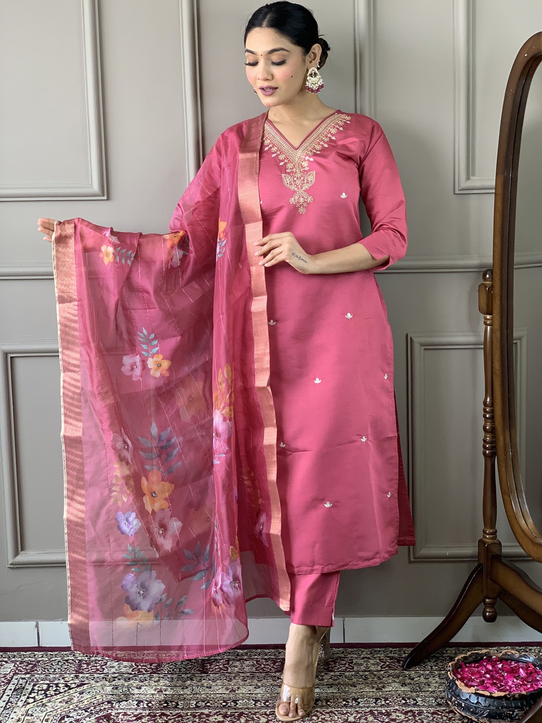 Krimmple Floral Embroidered Sequinned V Neck Pure Silk Kurta With Trousers And Dupatta, Pink
Krimmple Floral Embroidered Sequinned V Neck Pure Silk Kurta With Trousers And Dupatta, Pink